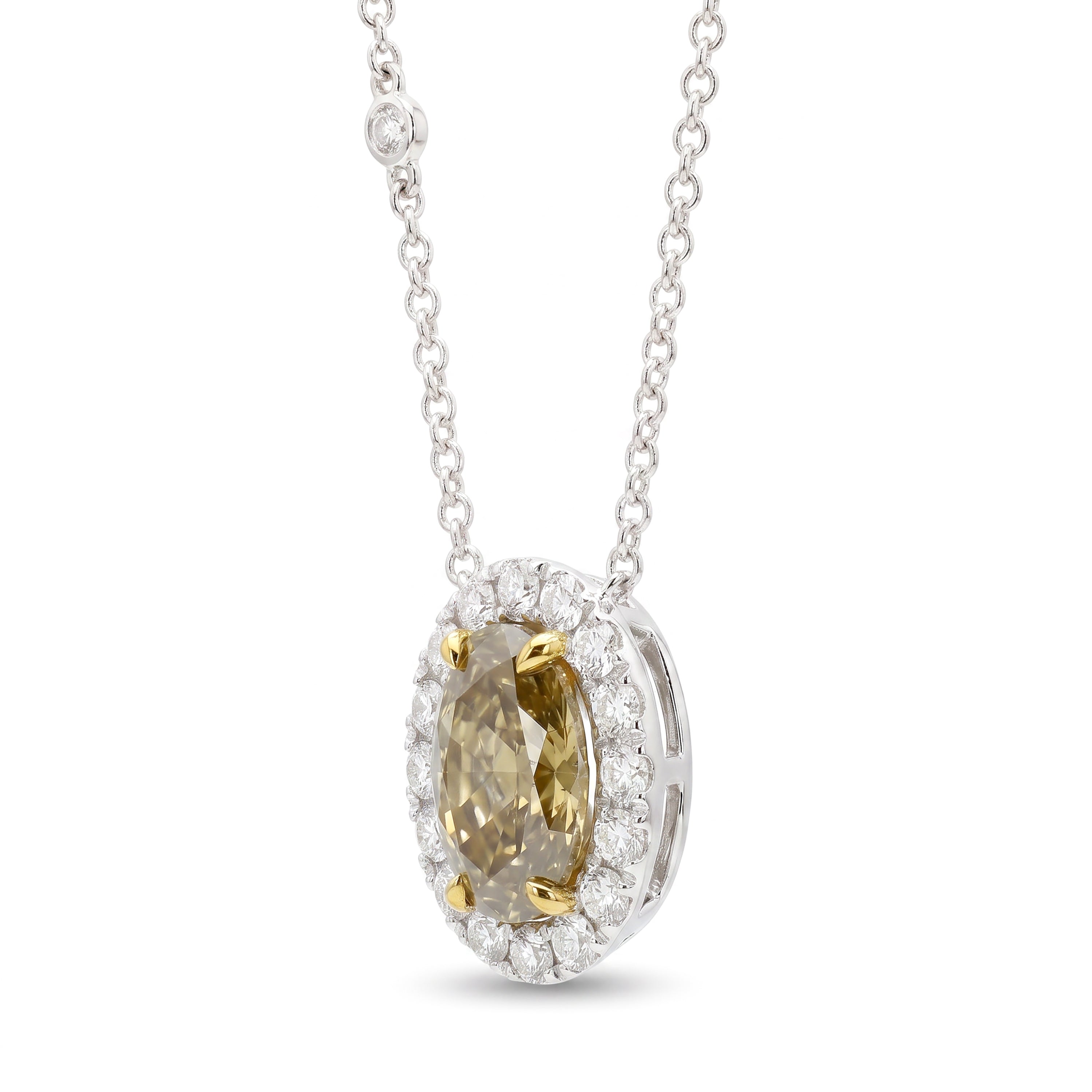 Natural Yellow Oval Diamond Halo Necklace | GIA Certified