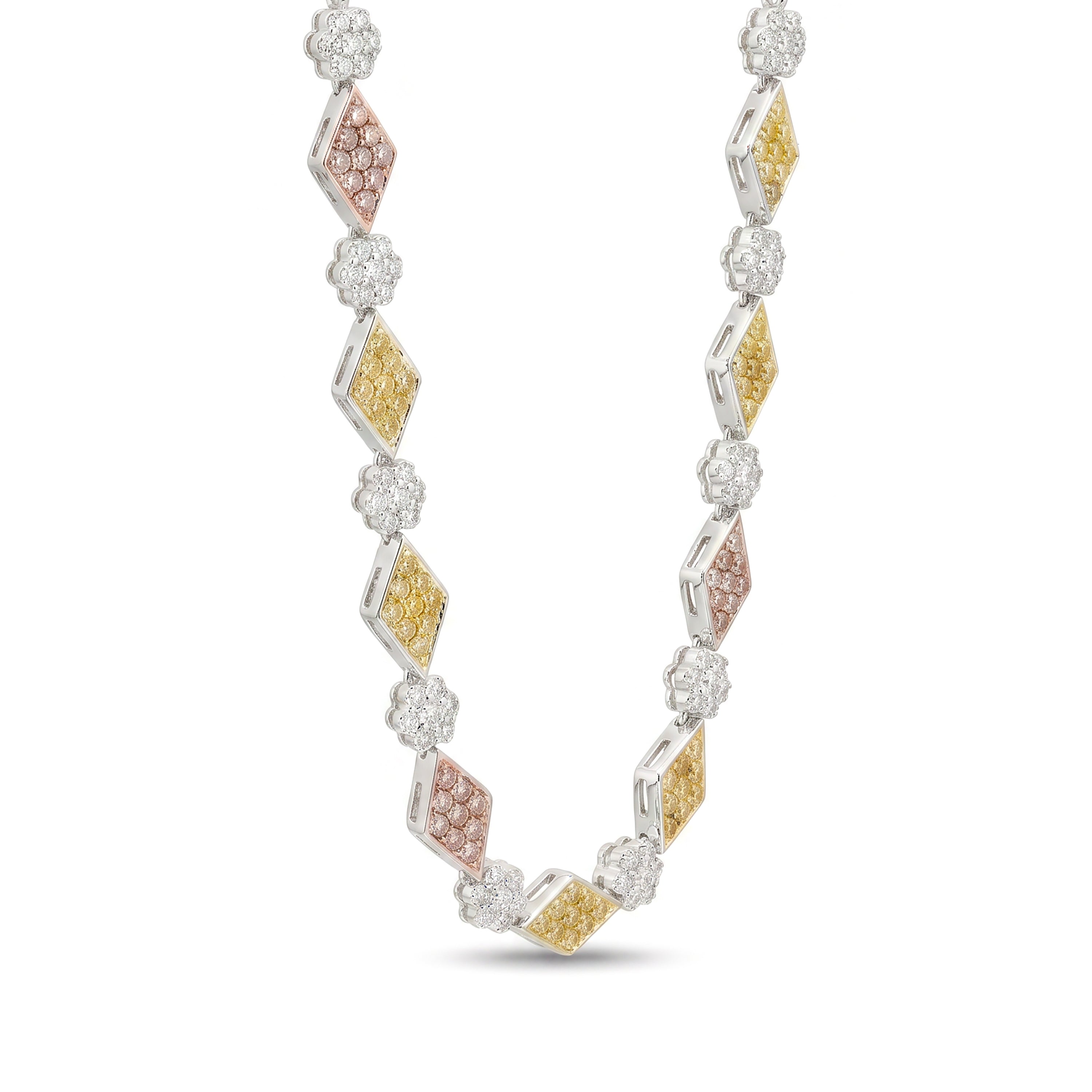 Natural 16.52 CT Pink Yellow & White Pavé Diamond Necklace