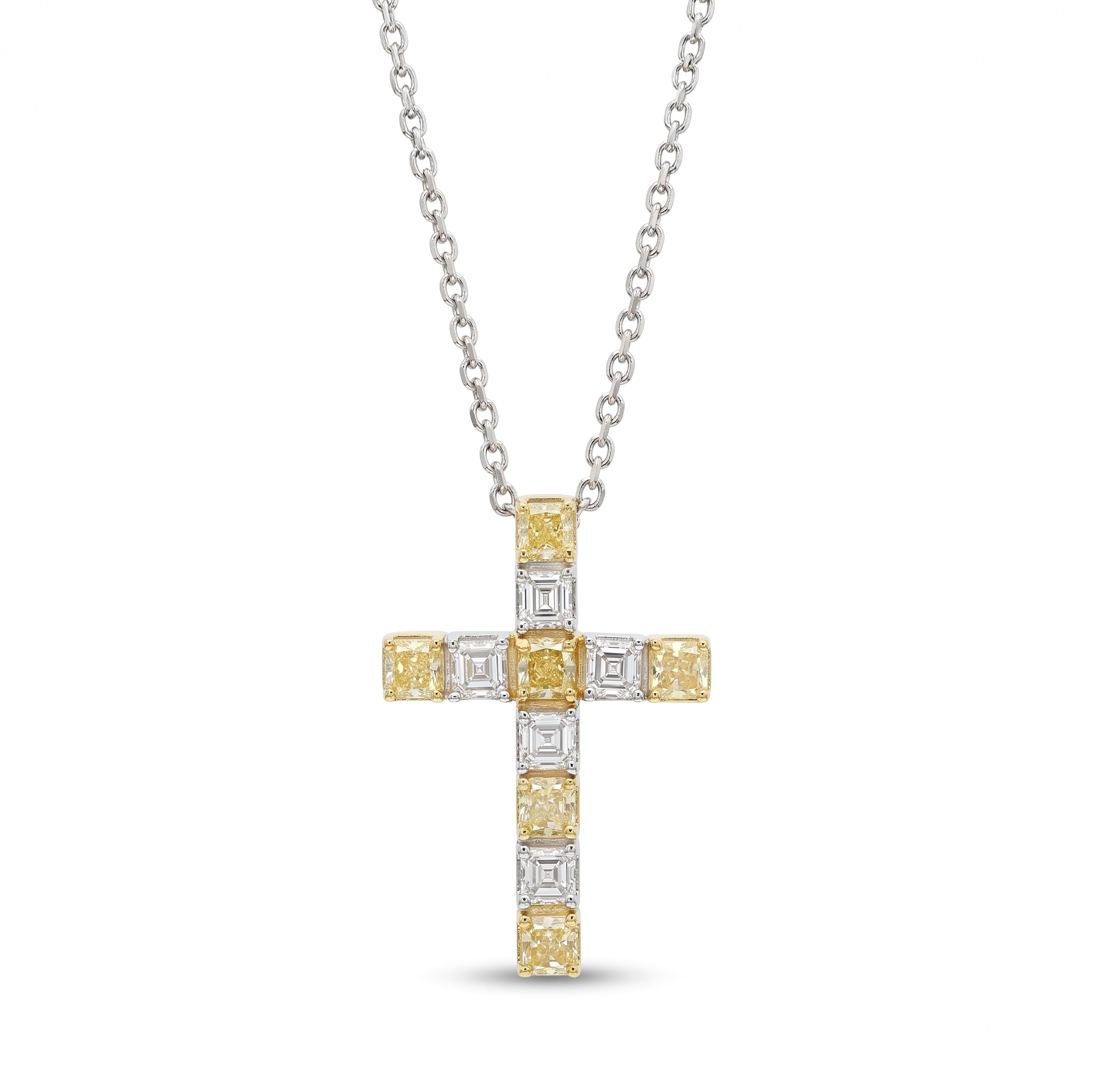 Natural Yellow Cushion & White Asscher Diamond Cross Pendant