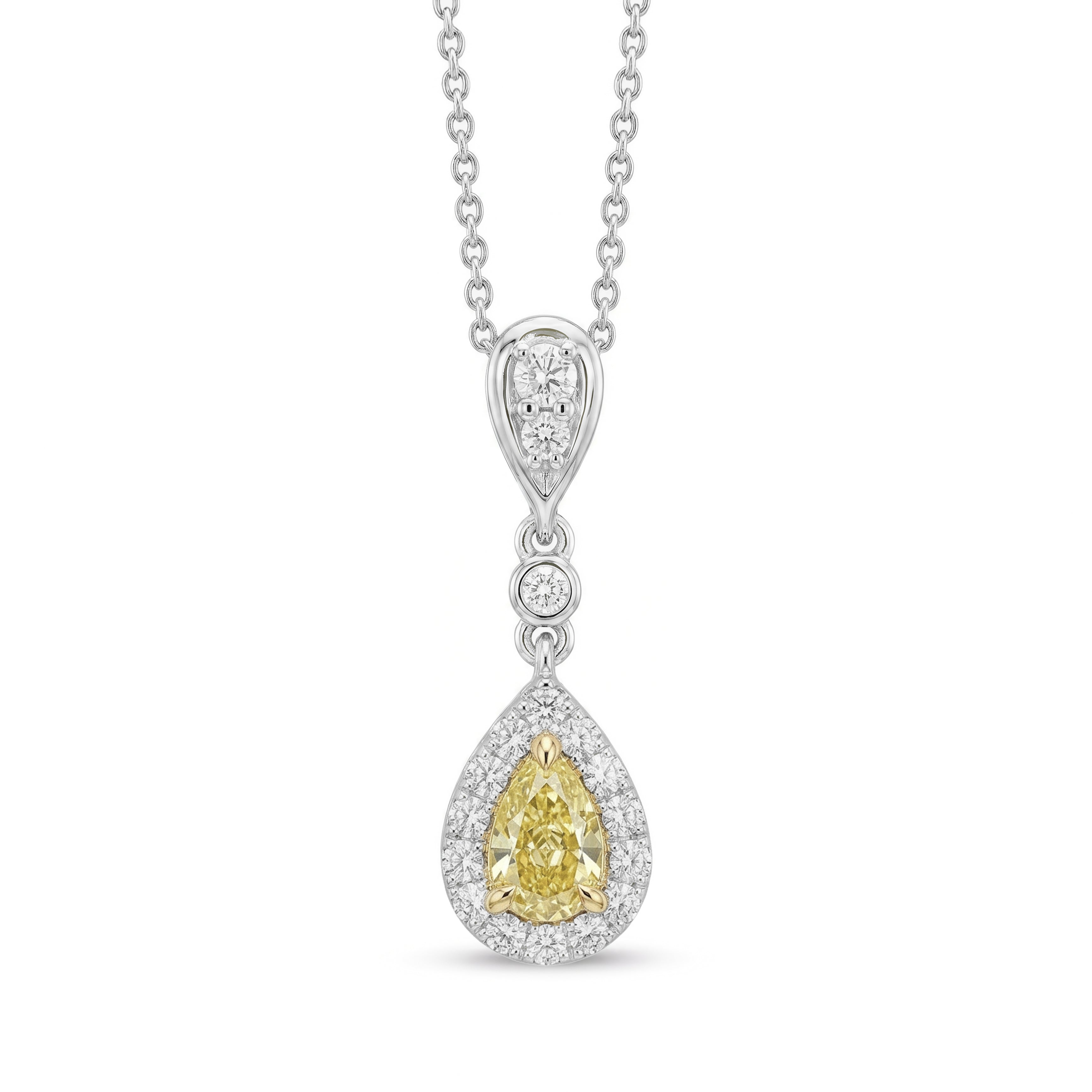 Natural Yellow Pear Diamond Halo Drop Pendant