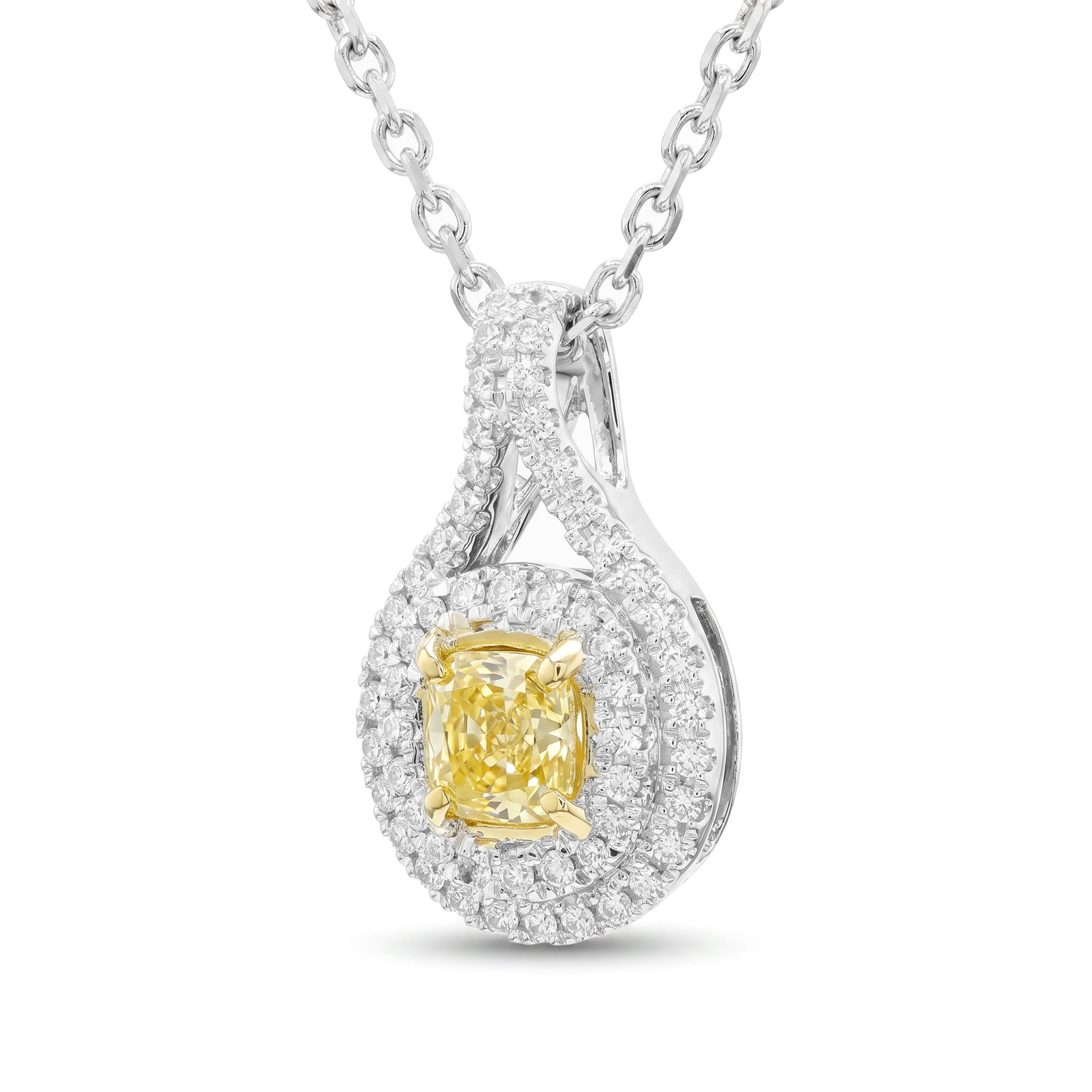 Natural Yellow Cushion Diamond Halo Pendant | GIA Certified