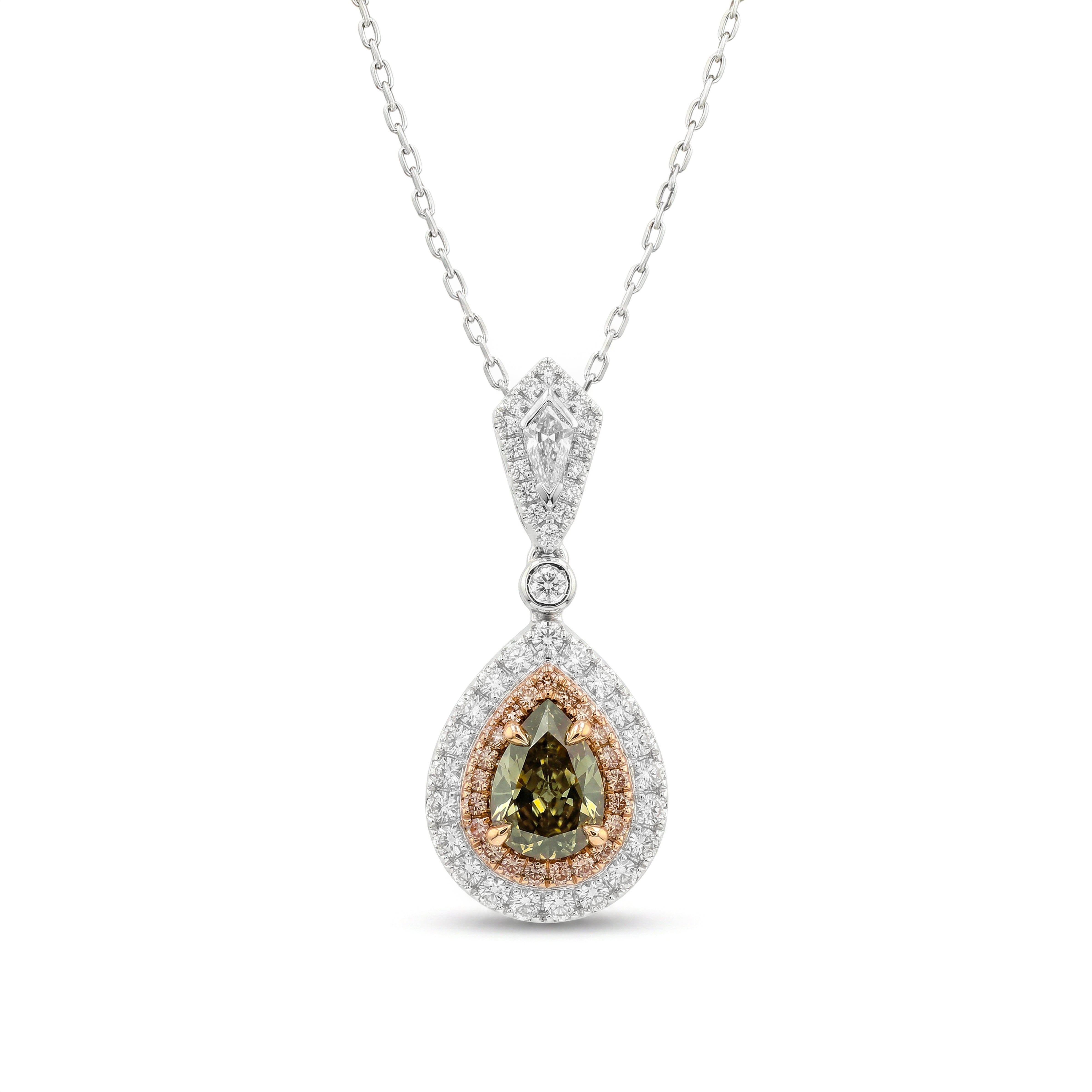 Natural Green Pear Diamond Halo Drop Pendant | GIA Certified