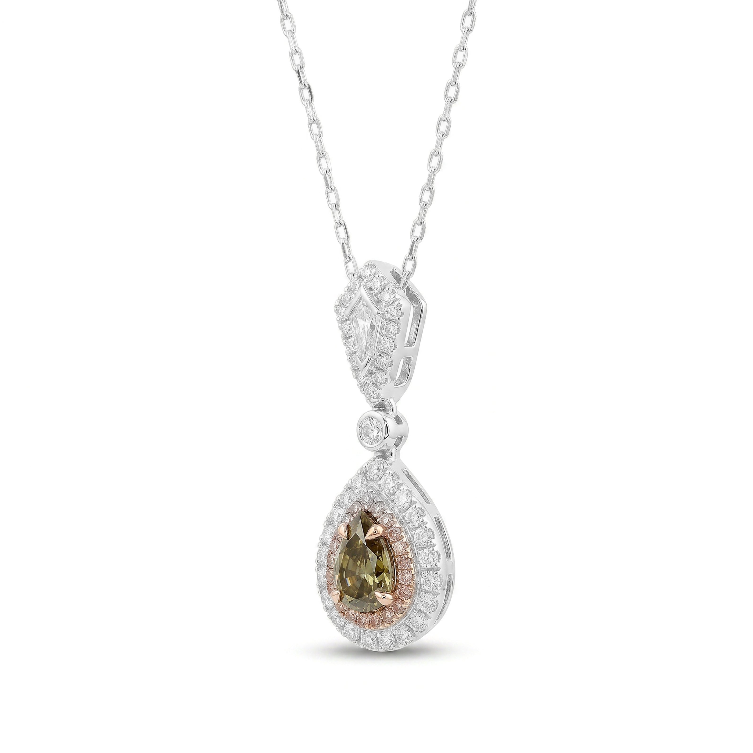 Natural Green Pear Diamond Halo Drop Pendant | GIA Certified