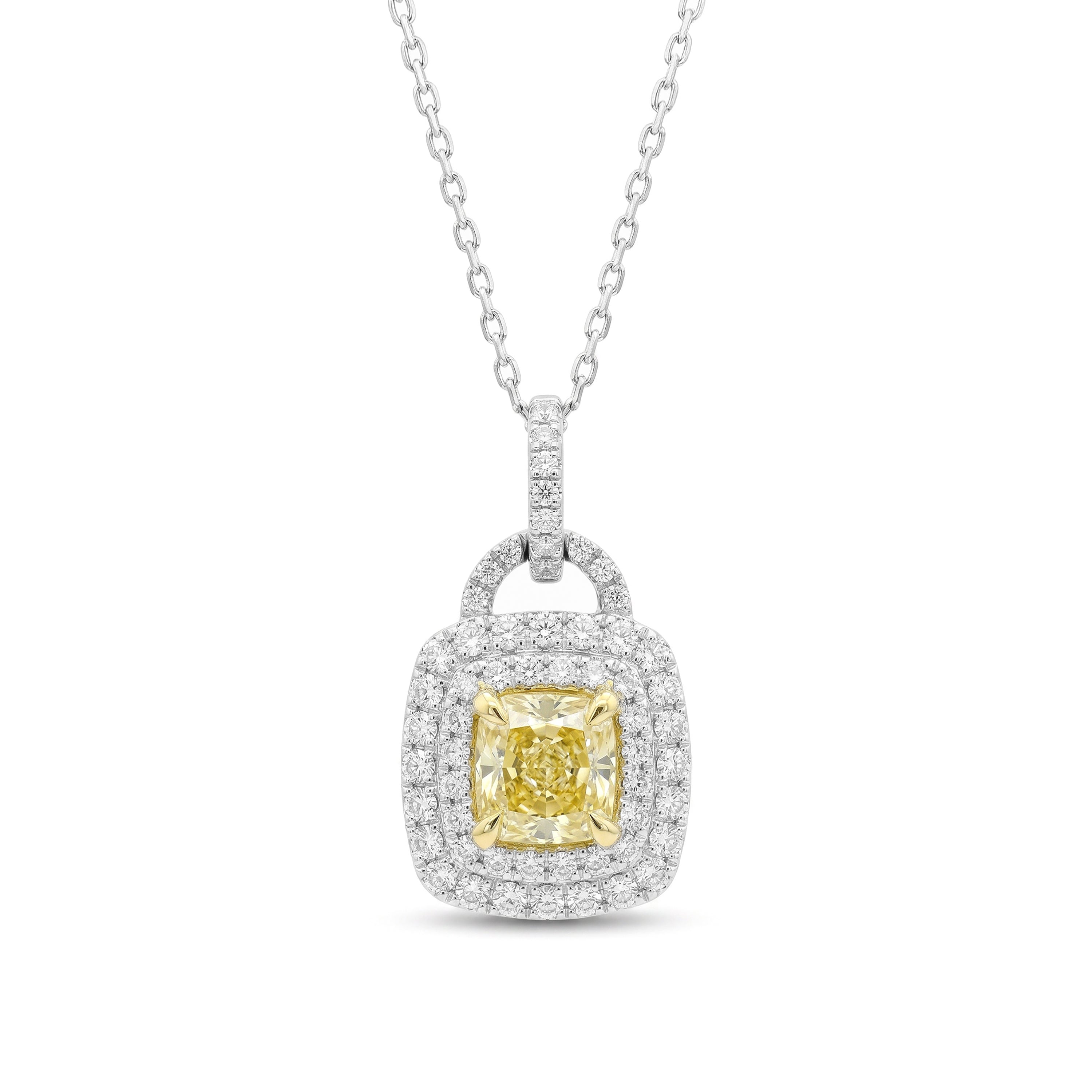 Natural Yellow Cushion Diamond Halo Pendant | GIA Certified