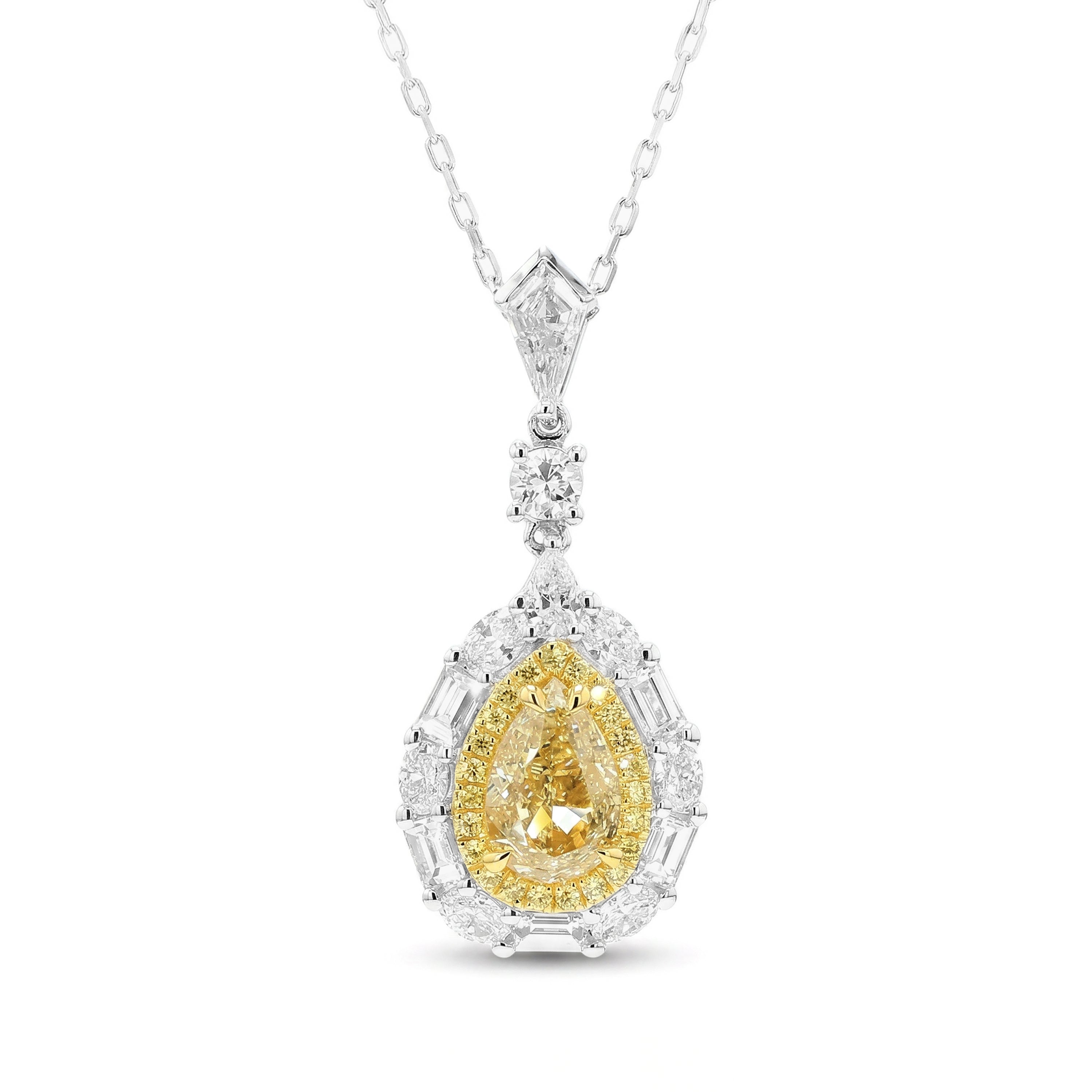Natural Yellow Pear & Kite Diamond Halo Pendant | GIA Certified