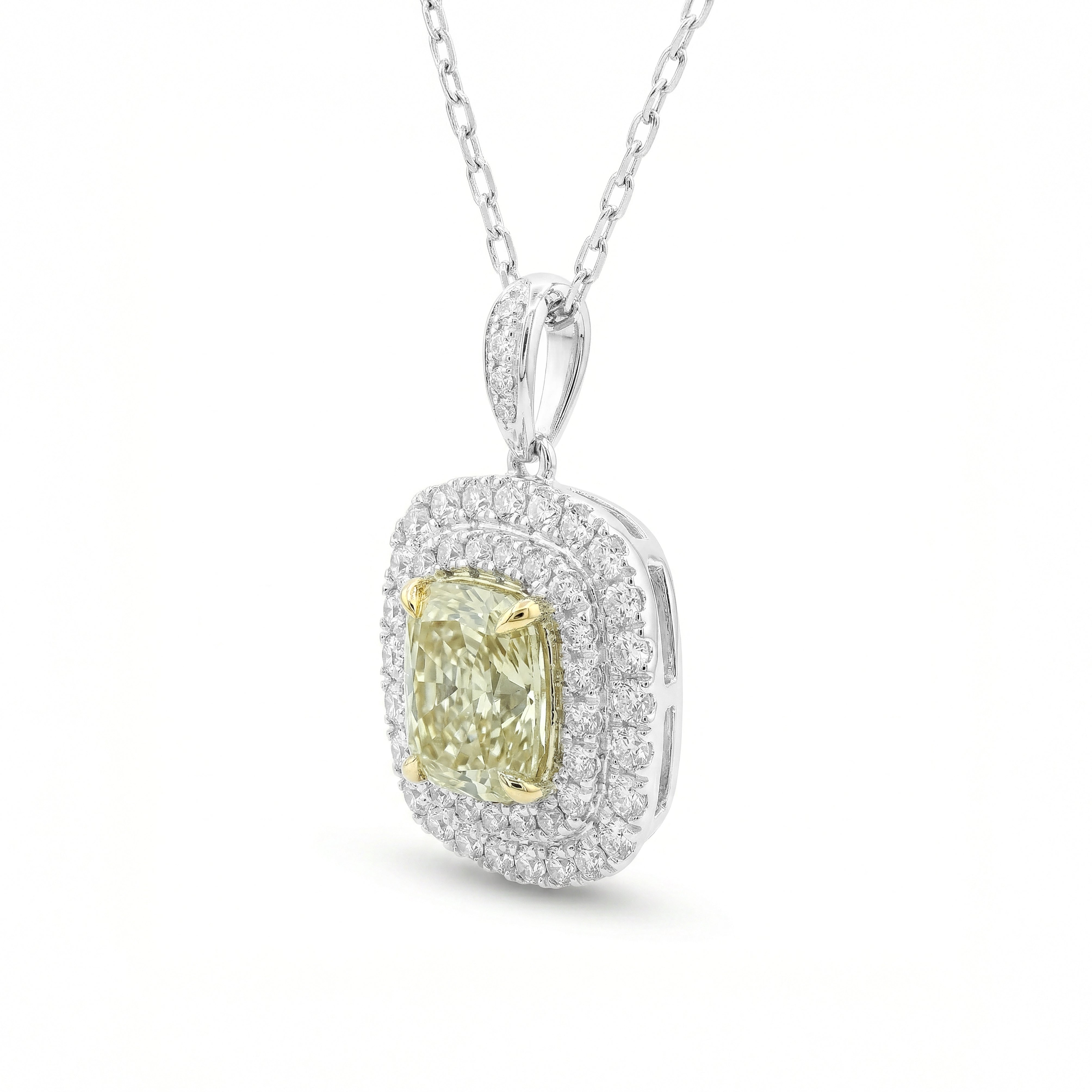 Natural Green Cushion Diamond Halo Pendant | GIA Certified
