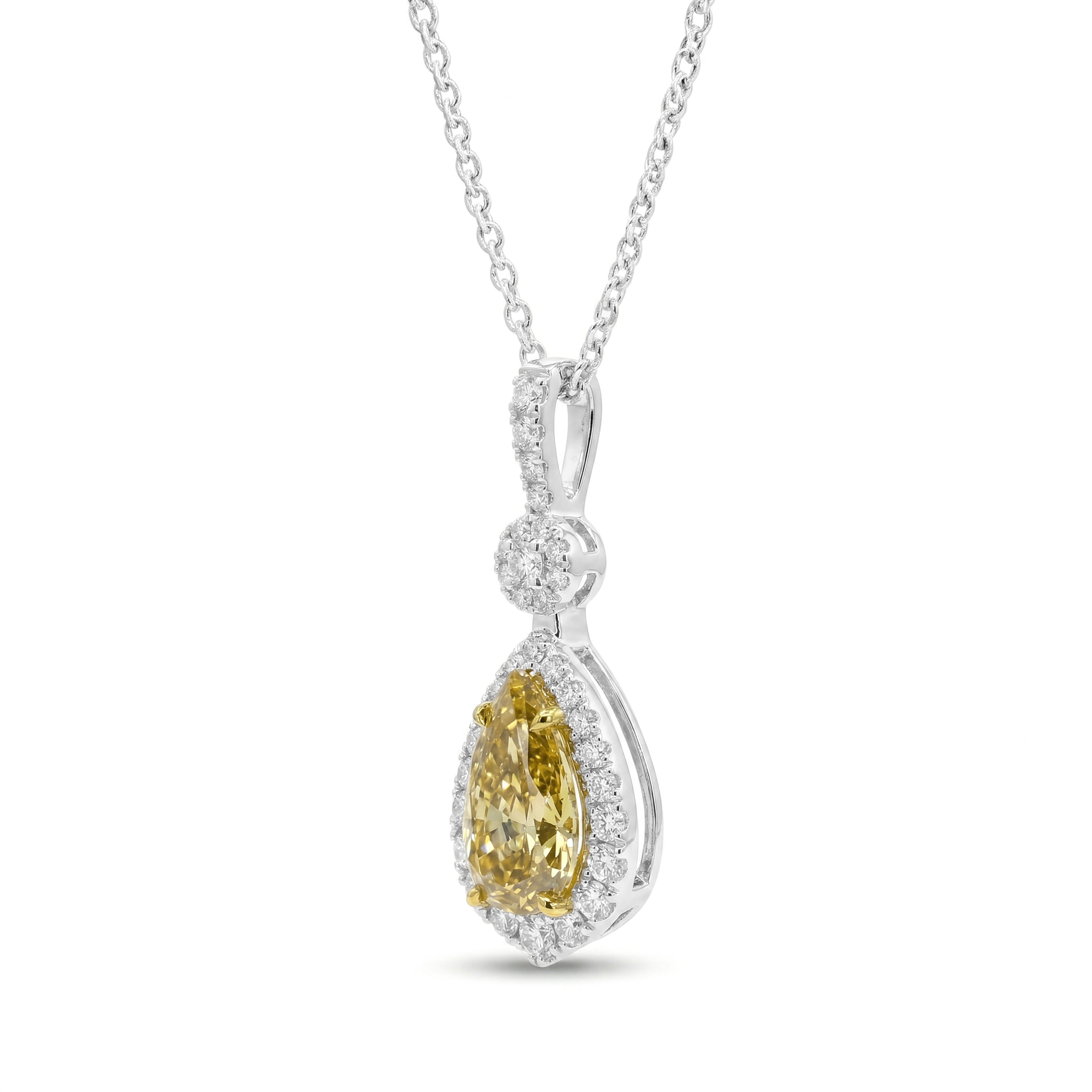 Natural Yellow Pear Diamond Halo Drop Pendant | GIA Certified