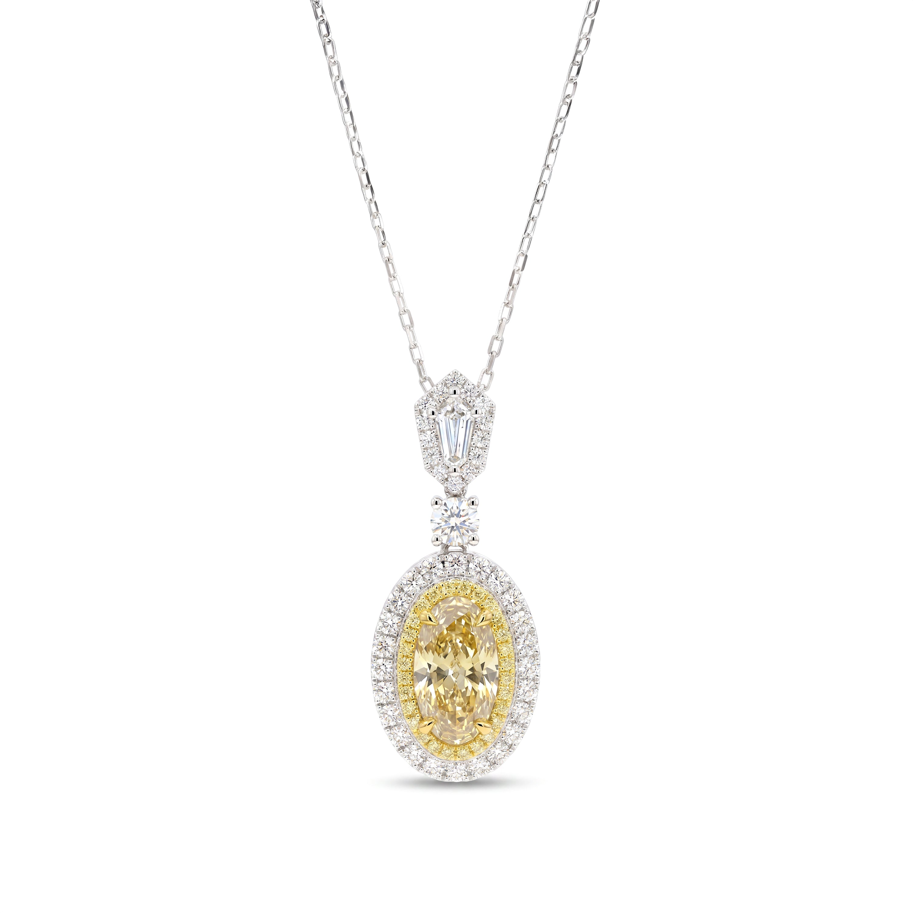 Natural Yellow Oval Diamond Halo Drop Pendant | GIA Certified