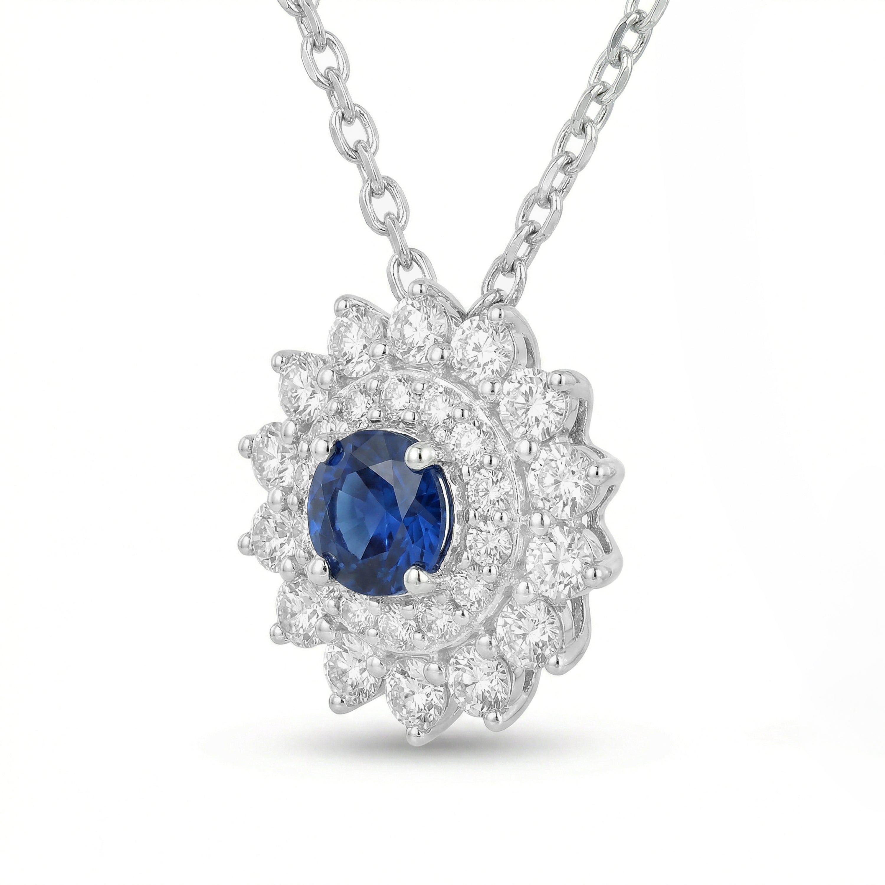 Natural Sapphire & Diamond Double Halo Pendant