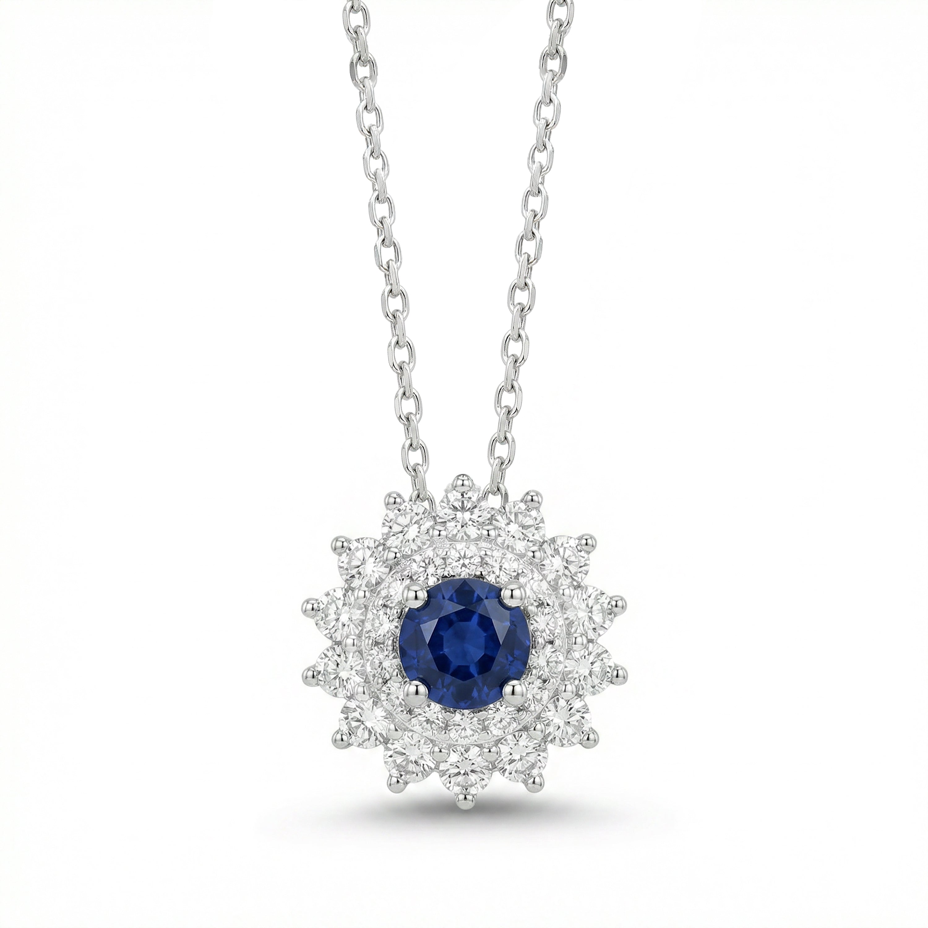 Natural Round Sapphire & Diamond Halo Pendant