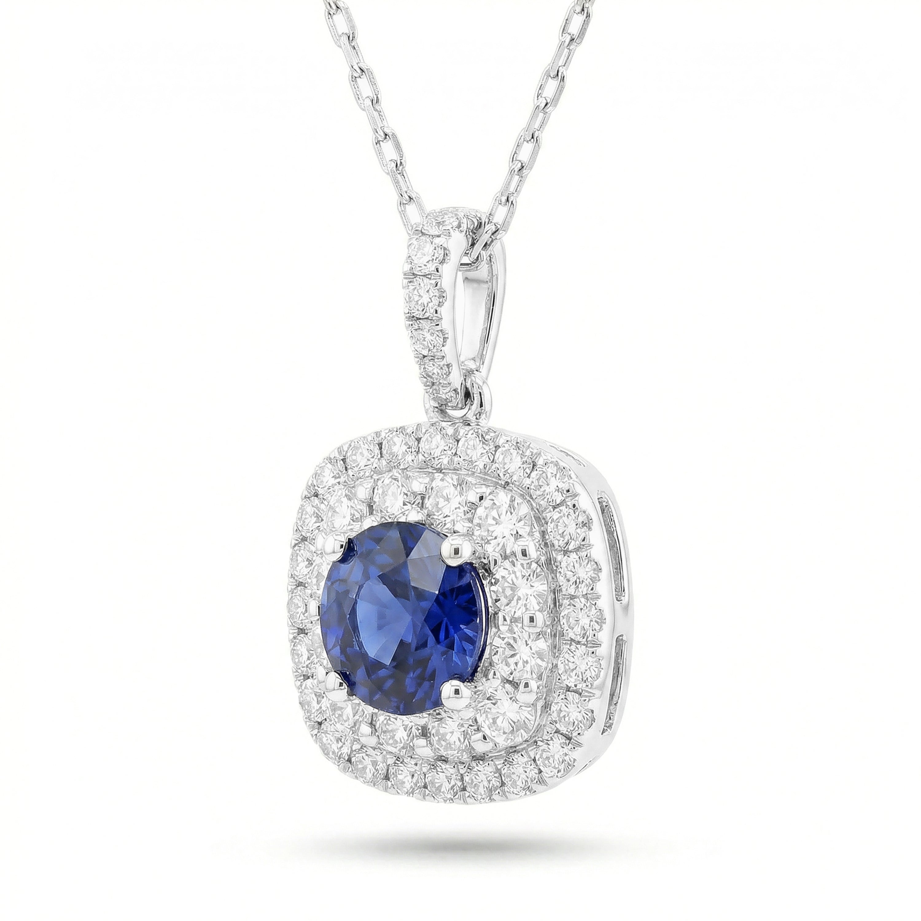 Natural Round Sapphire & Diamond Halo Pendant