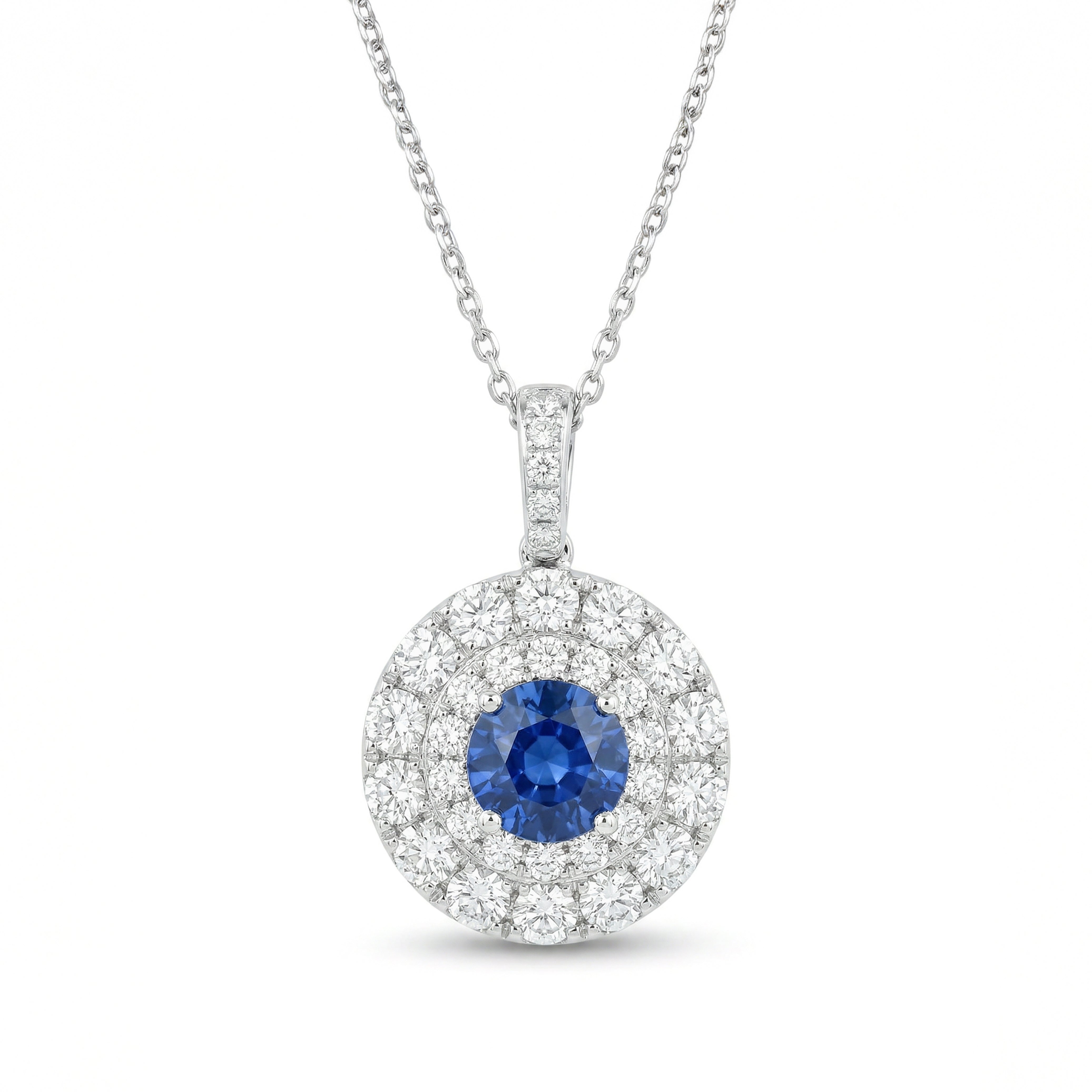 Natural Round Sapphire & Diamond Halo Pendant