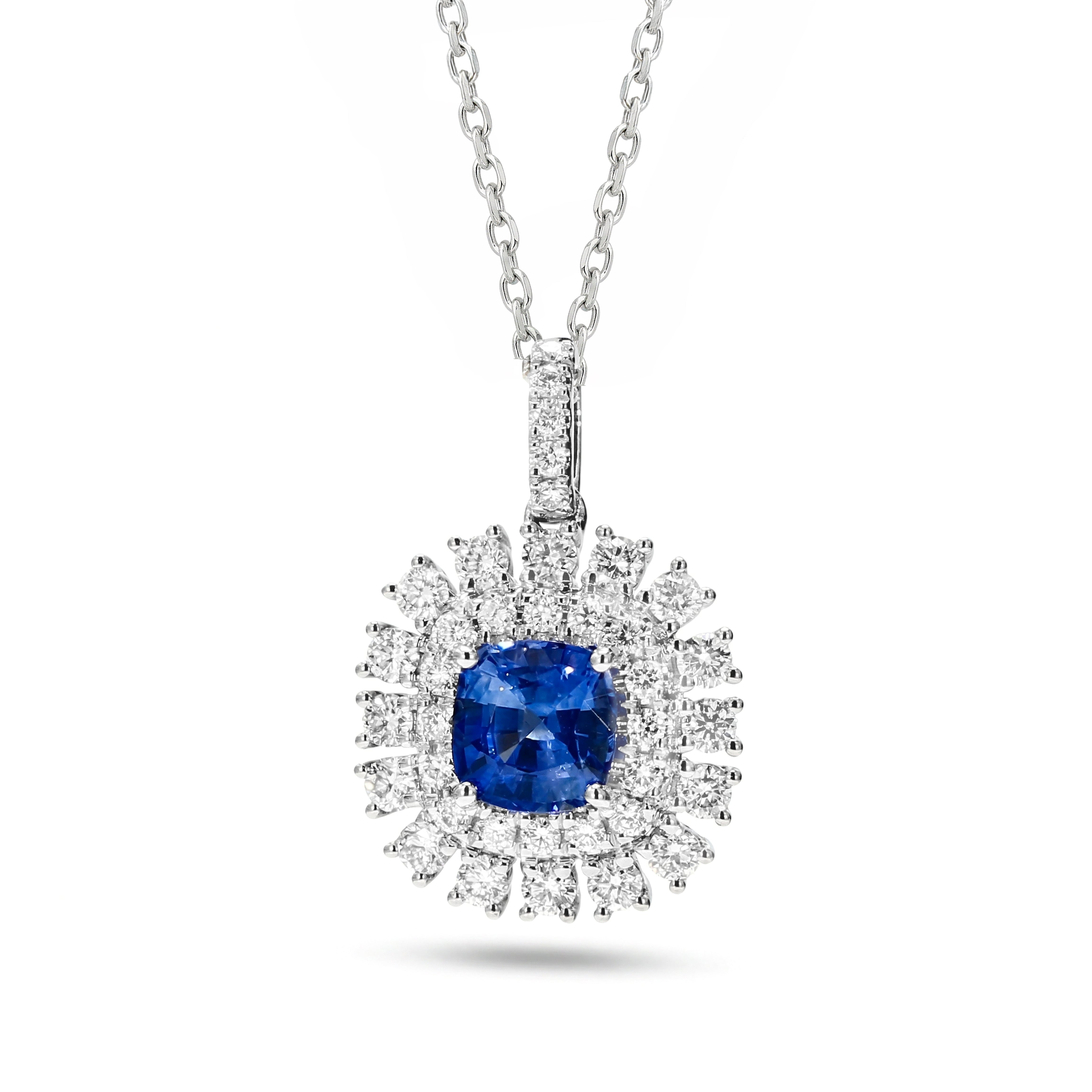 Natural Cushion Sapphire & Diamond Double Halo Pendant