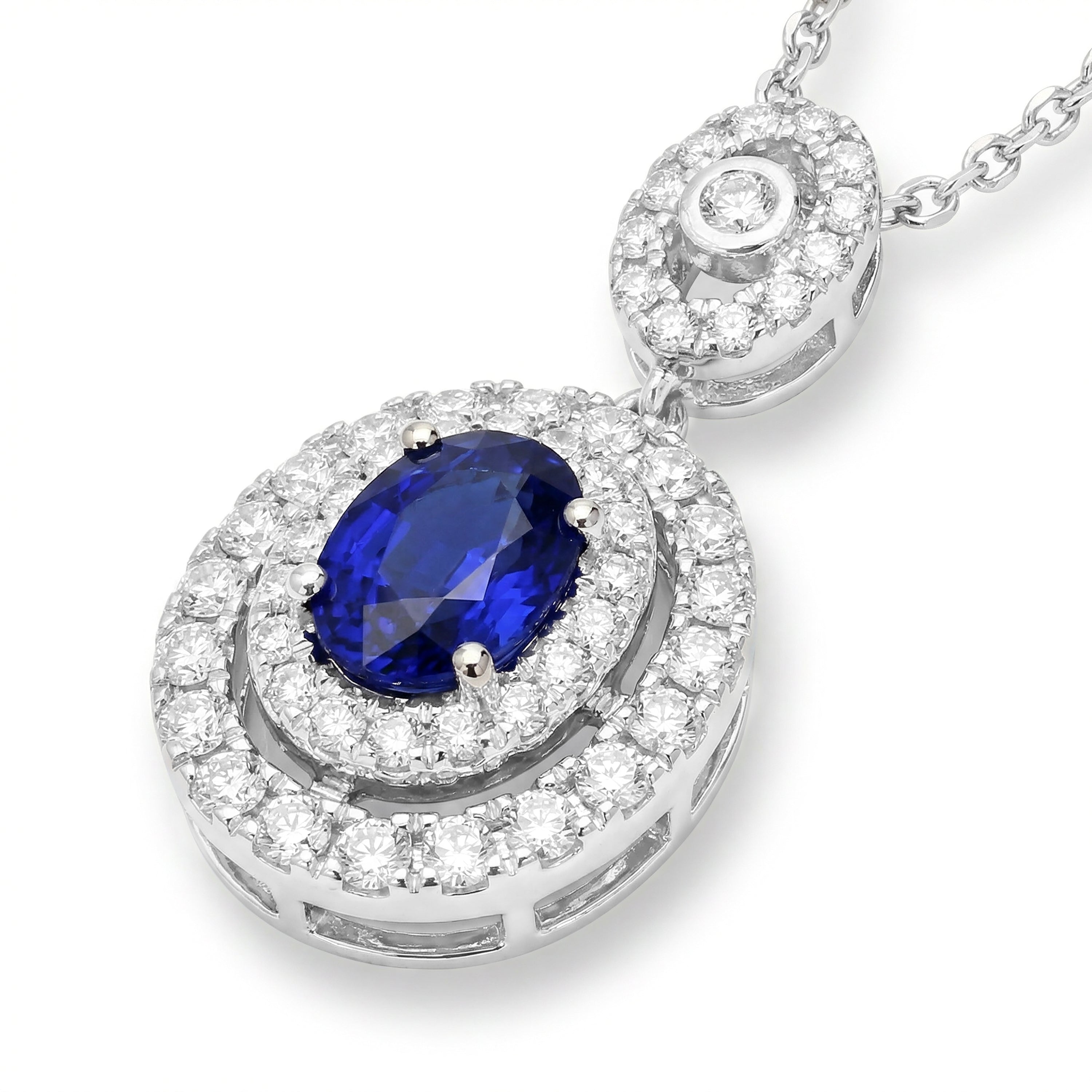 Natural Oval Sapphire & Diamond Halo Drop Pendant