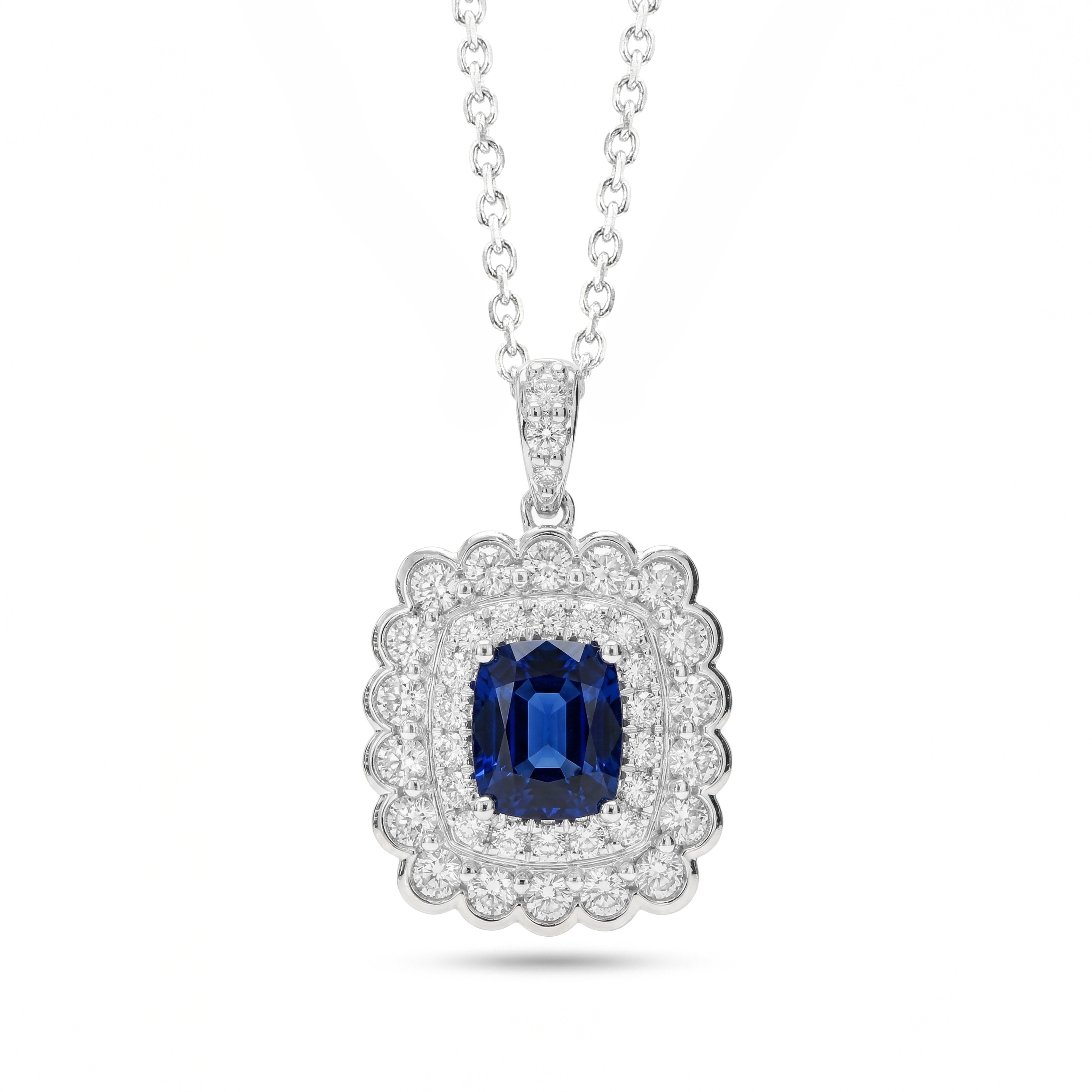 Natural Cushion Sapphire & Diamond Halo Pendant