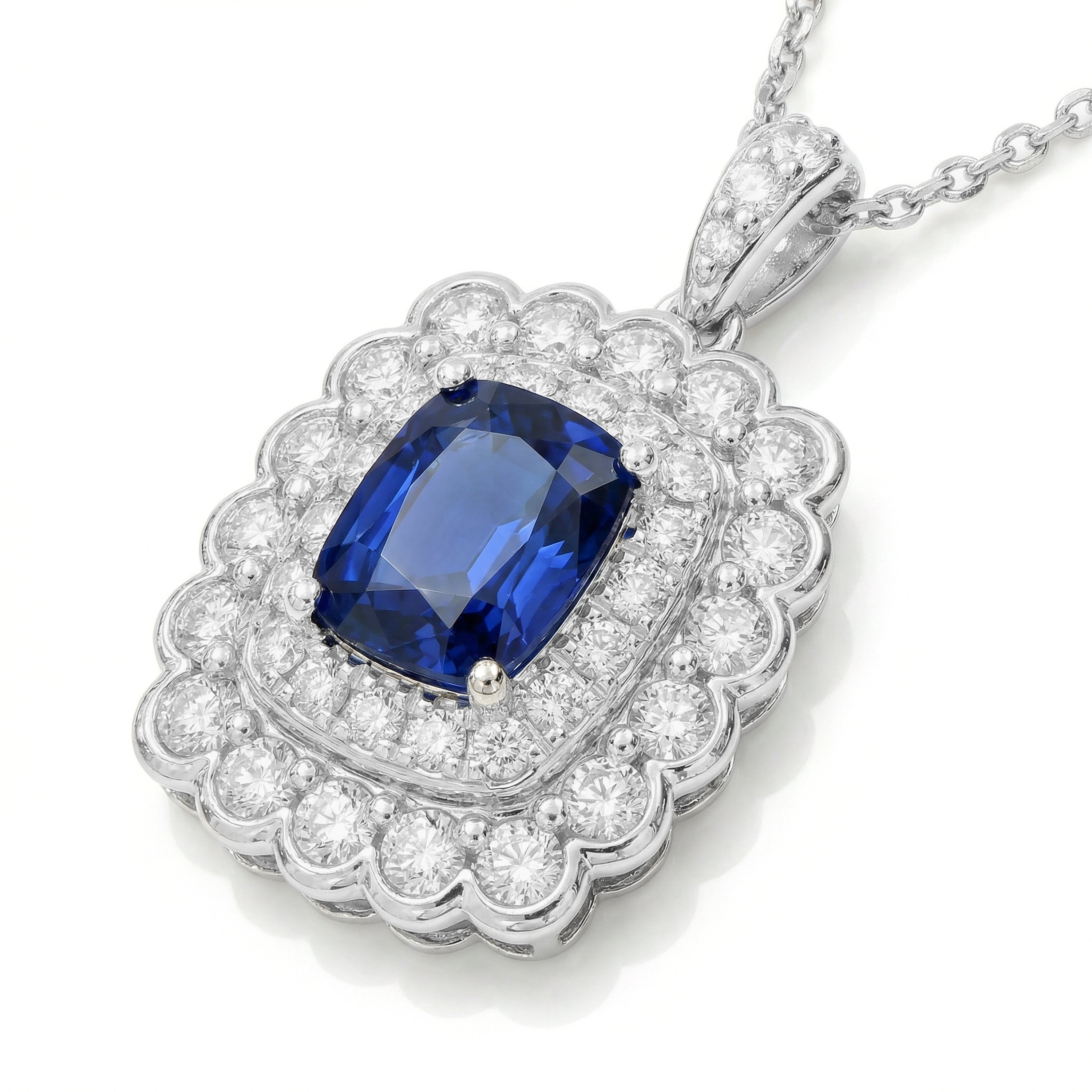 Natural Cushion Sapphire & Diamond Halo Pendant