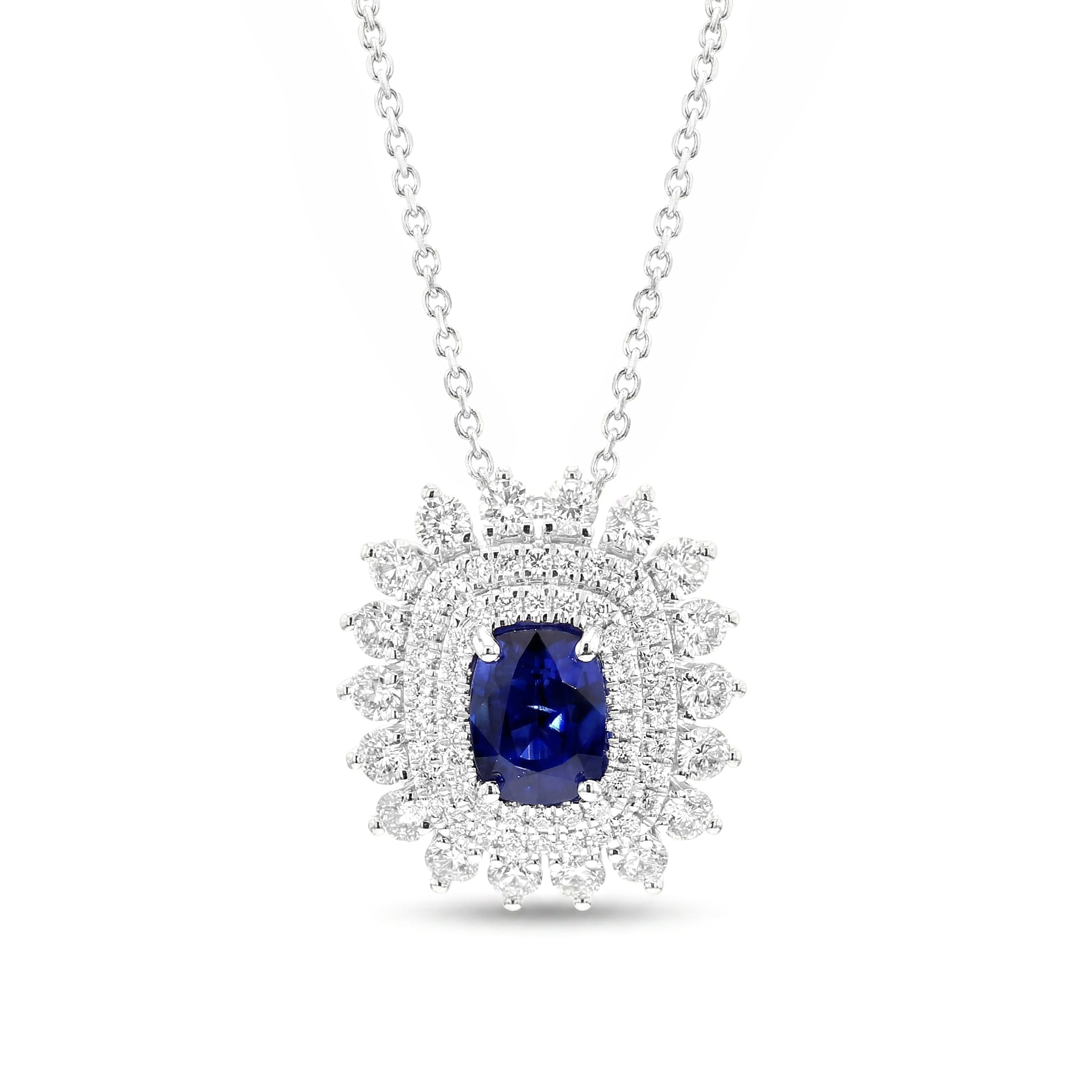 Natural Cushion Sapphire & Diamond Halo Pendant