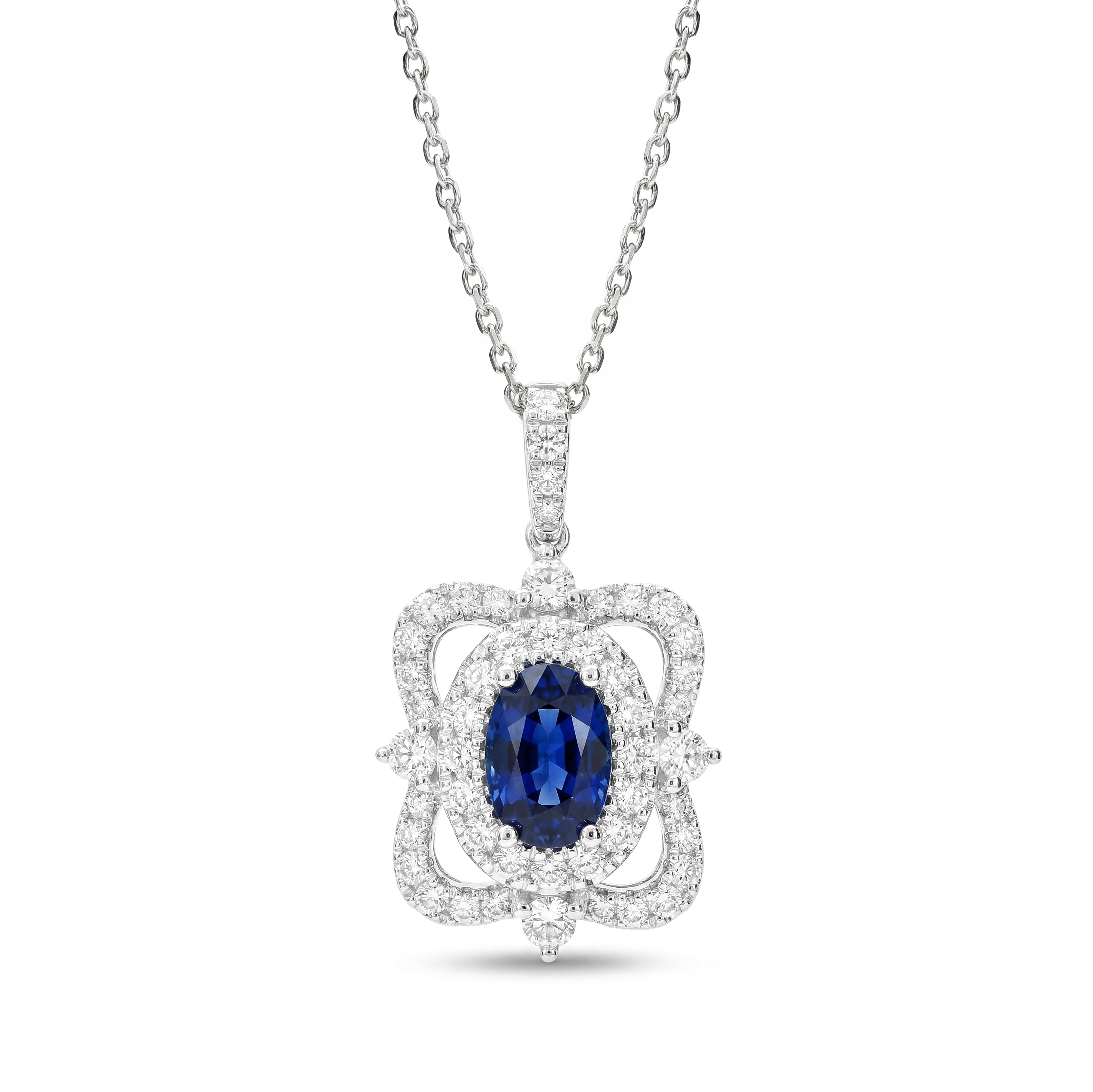 Natural Blue Oval Sapphire & White Diamond Pendant
