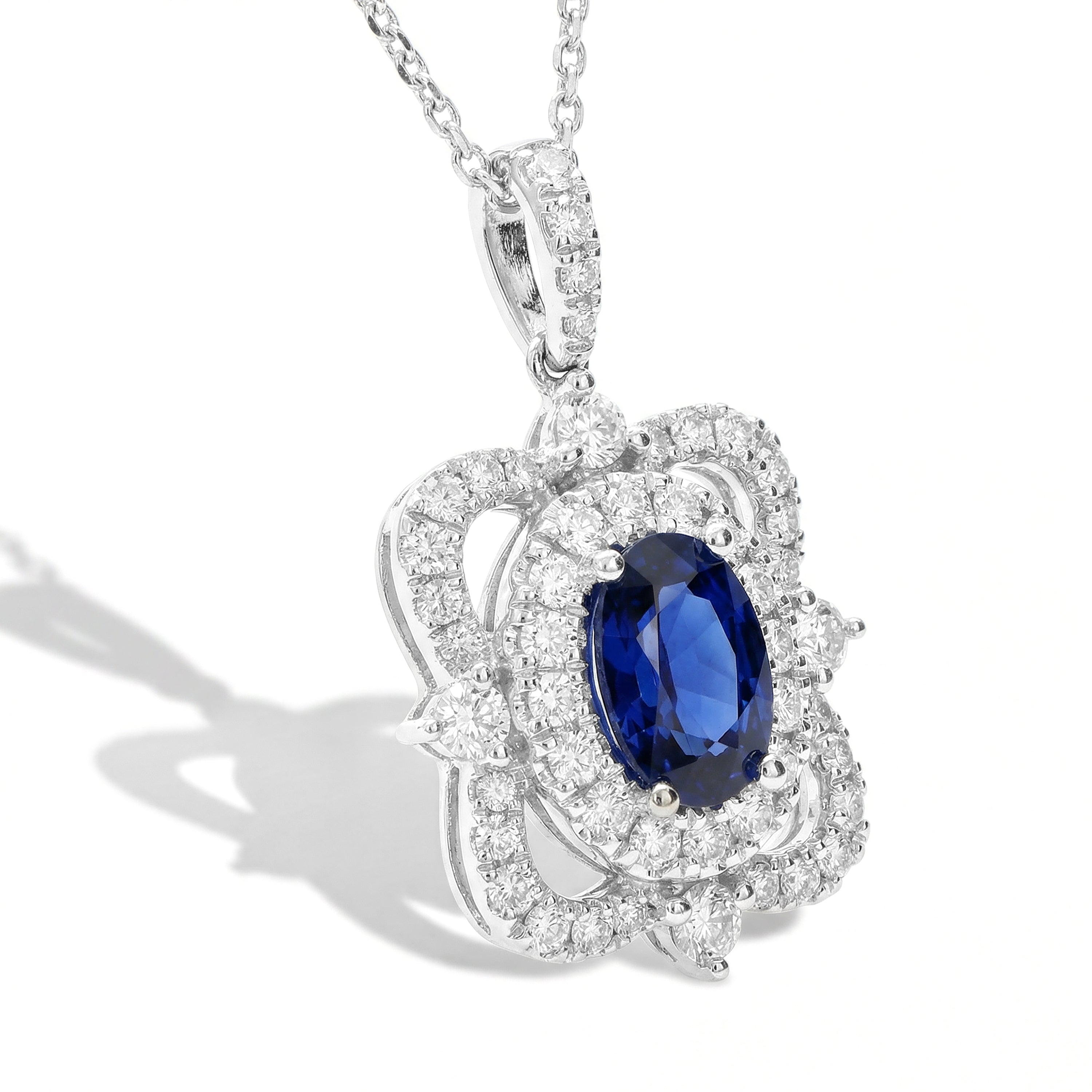 Natural Blue Oval Sapphire & White Diamond Pendant