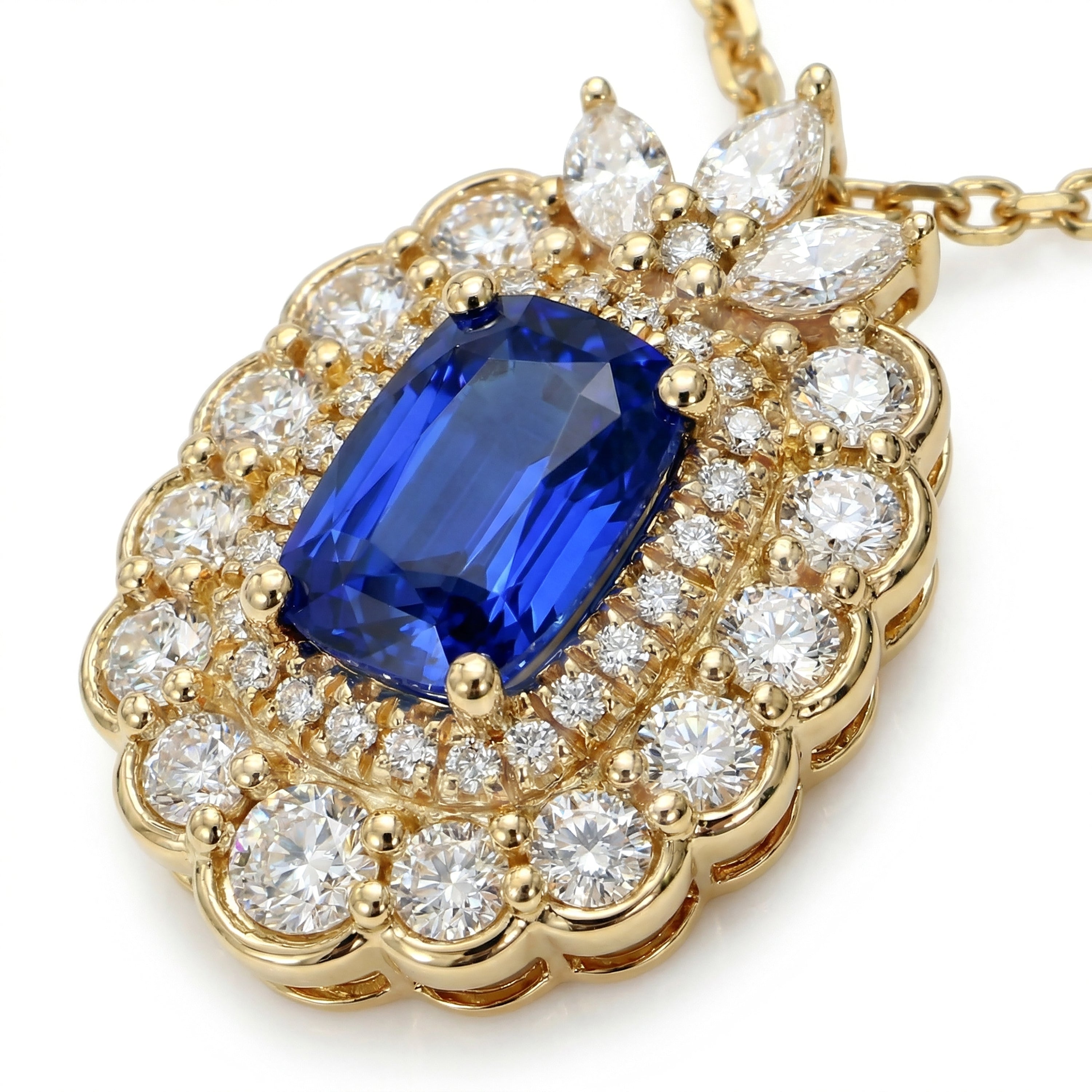 Natural Cushion Sapphire & Diamond Halo Pendant
