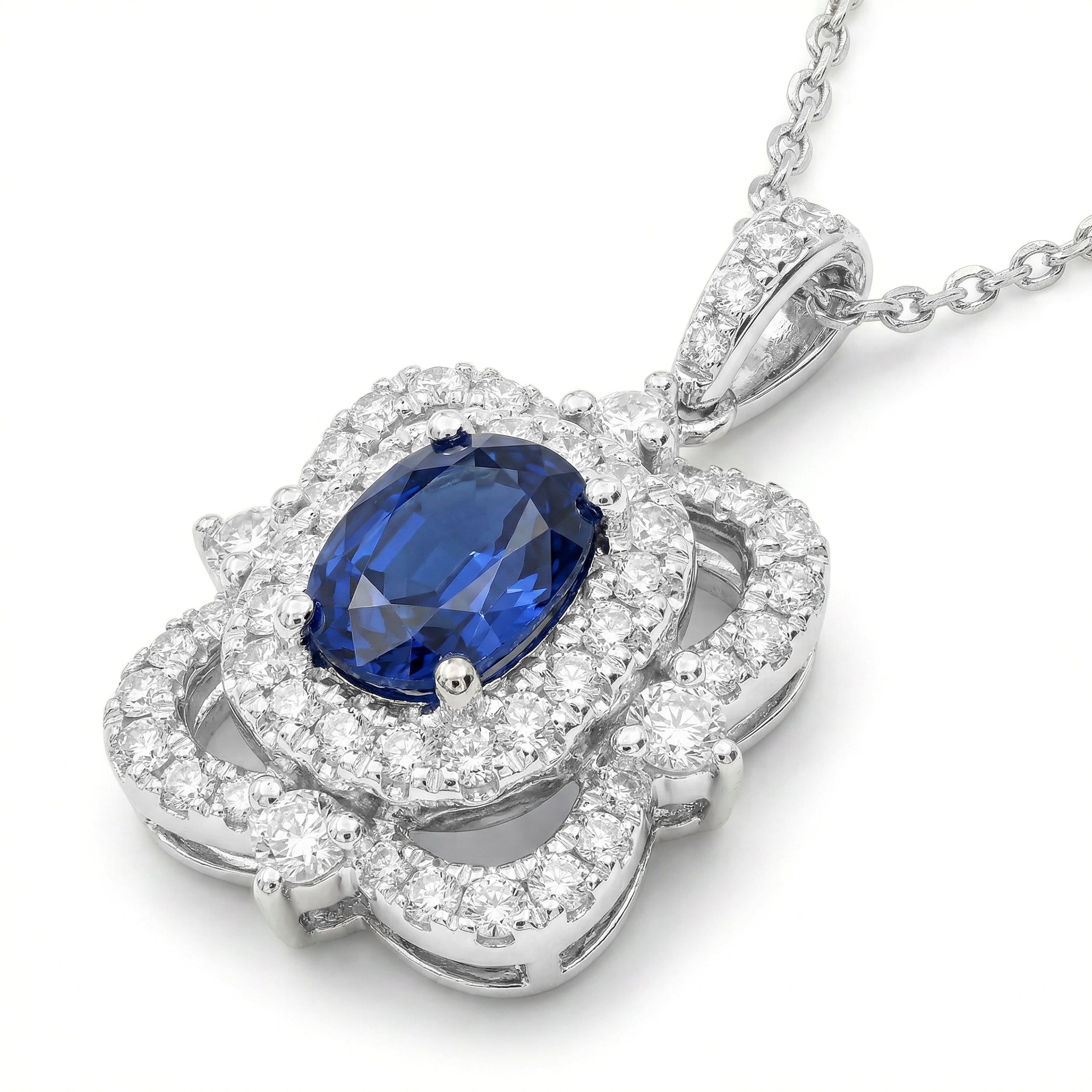 Natural Cushion Sapphire & Diamond Halo Pendant