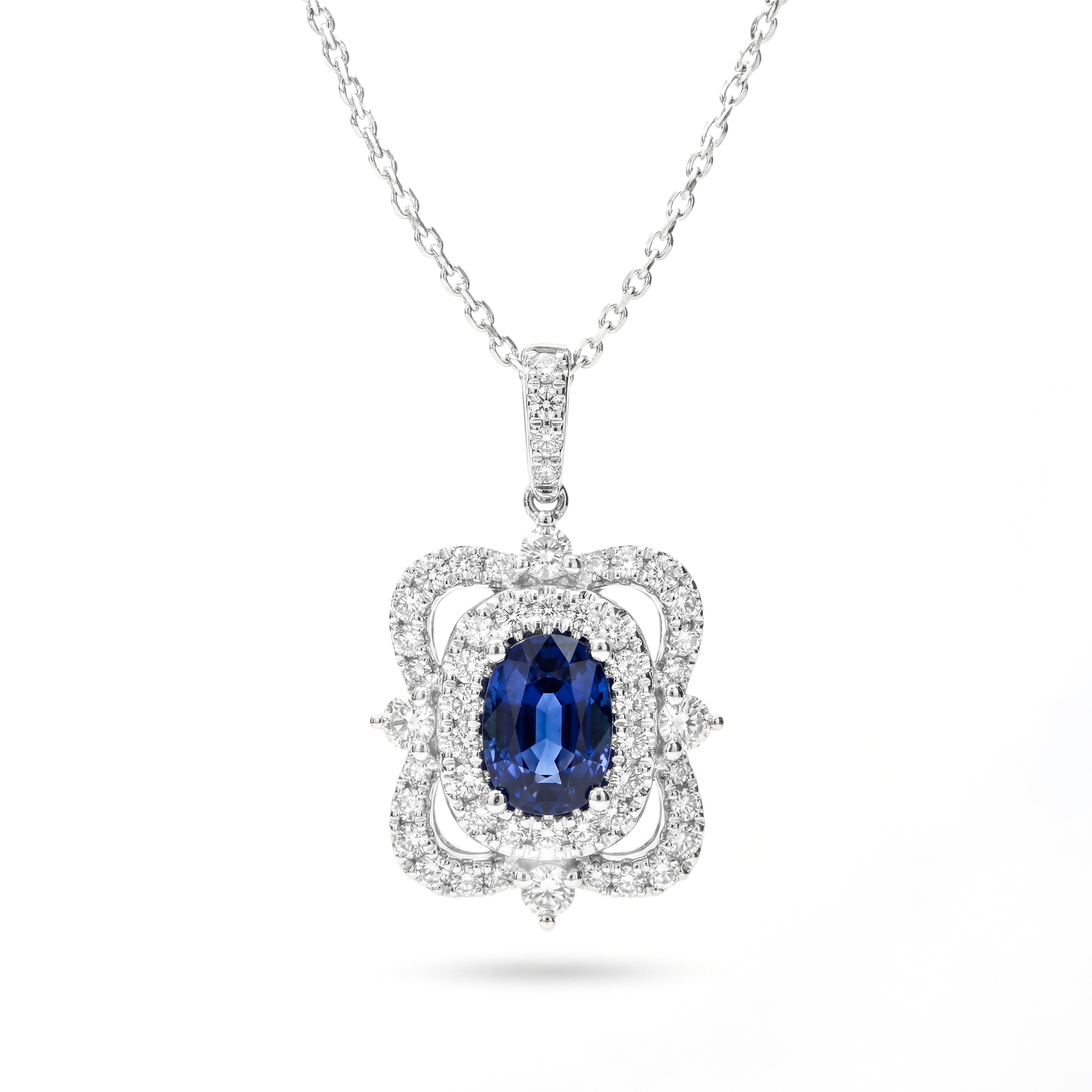 Natural Cushion Sapphire & Diamond Halo Pendant