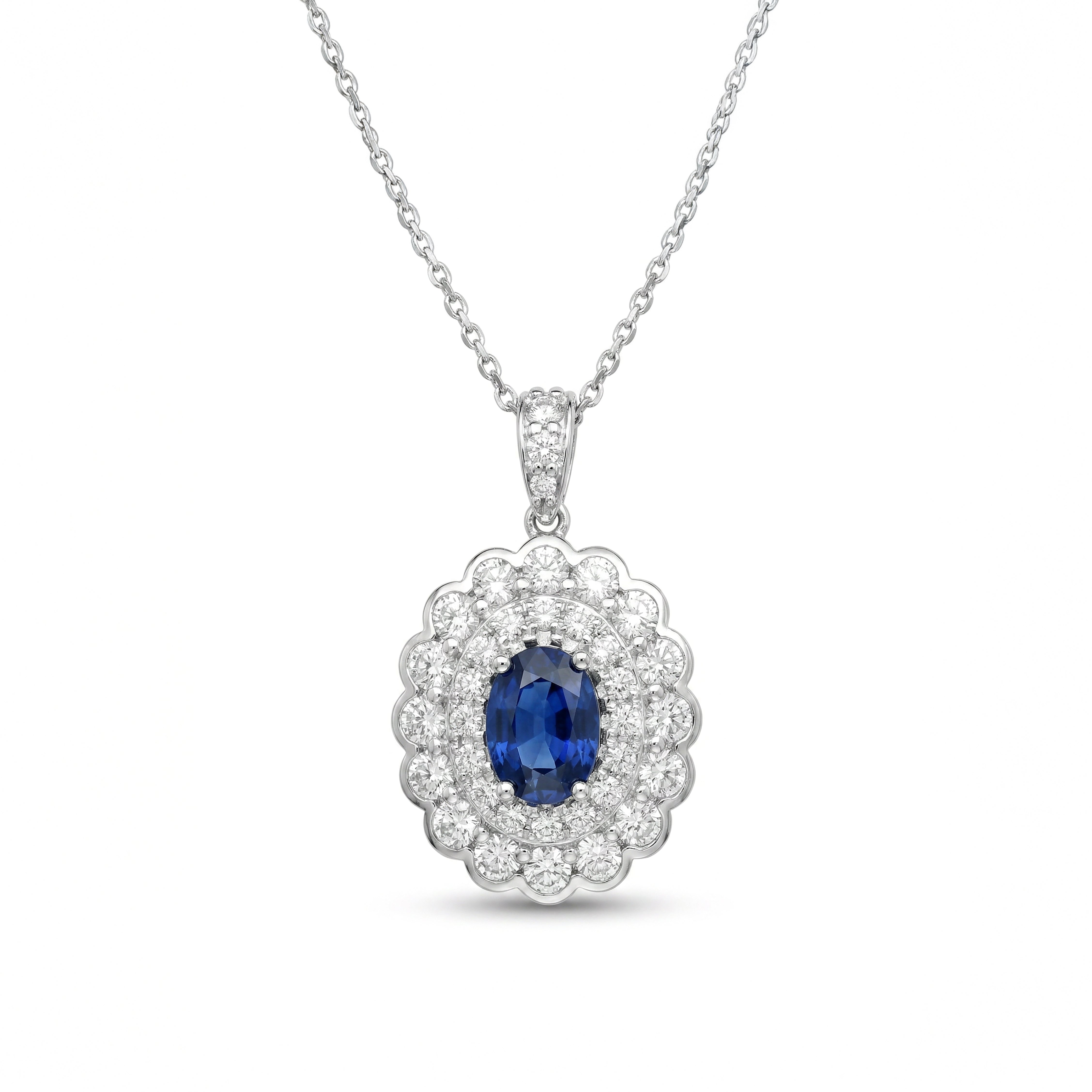 Natural Oval Sapphire & Diamond Double Halo Pendant