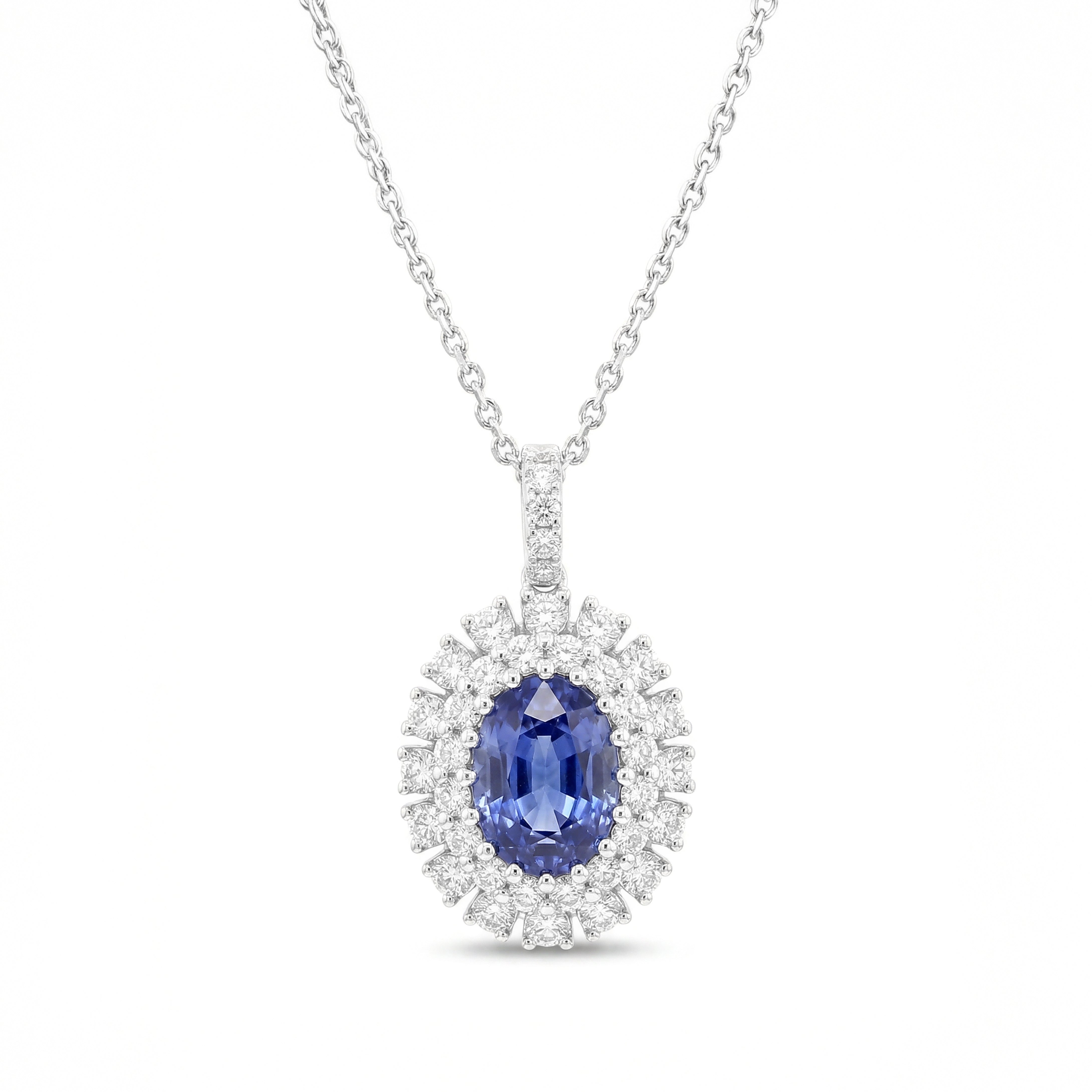 Natural Oval Sapphire & Diamond Halo Pendant