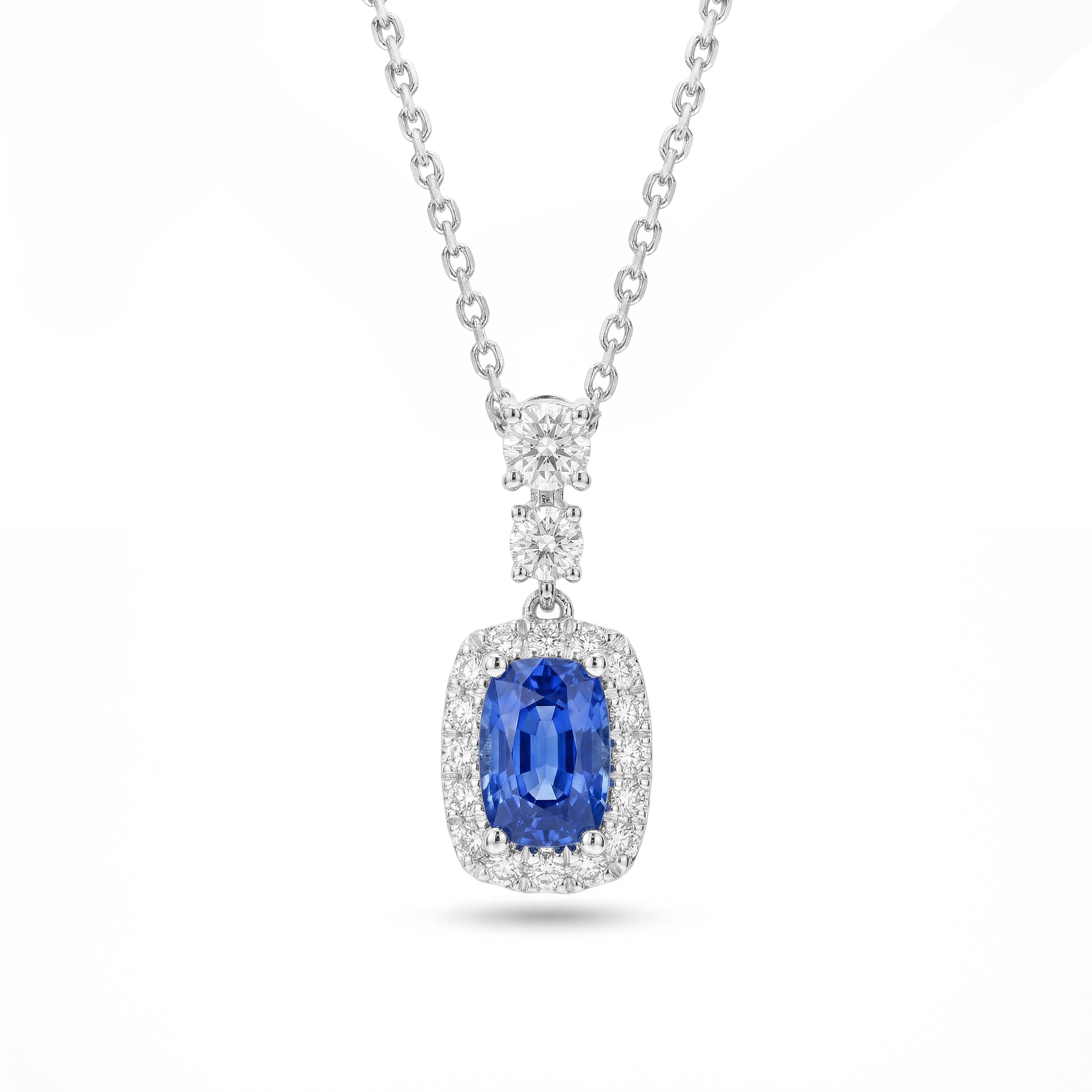 Natural Blue Cushion Sapphire & Diamond Halo Pendant