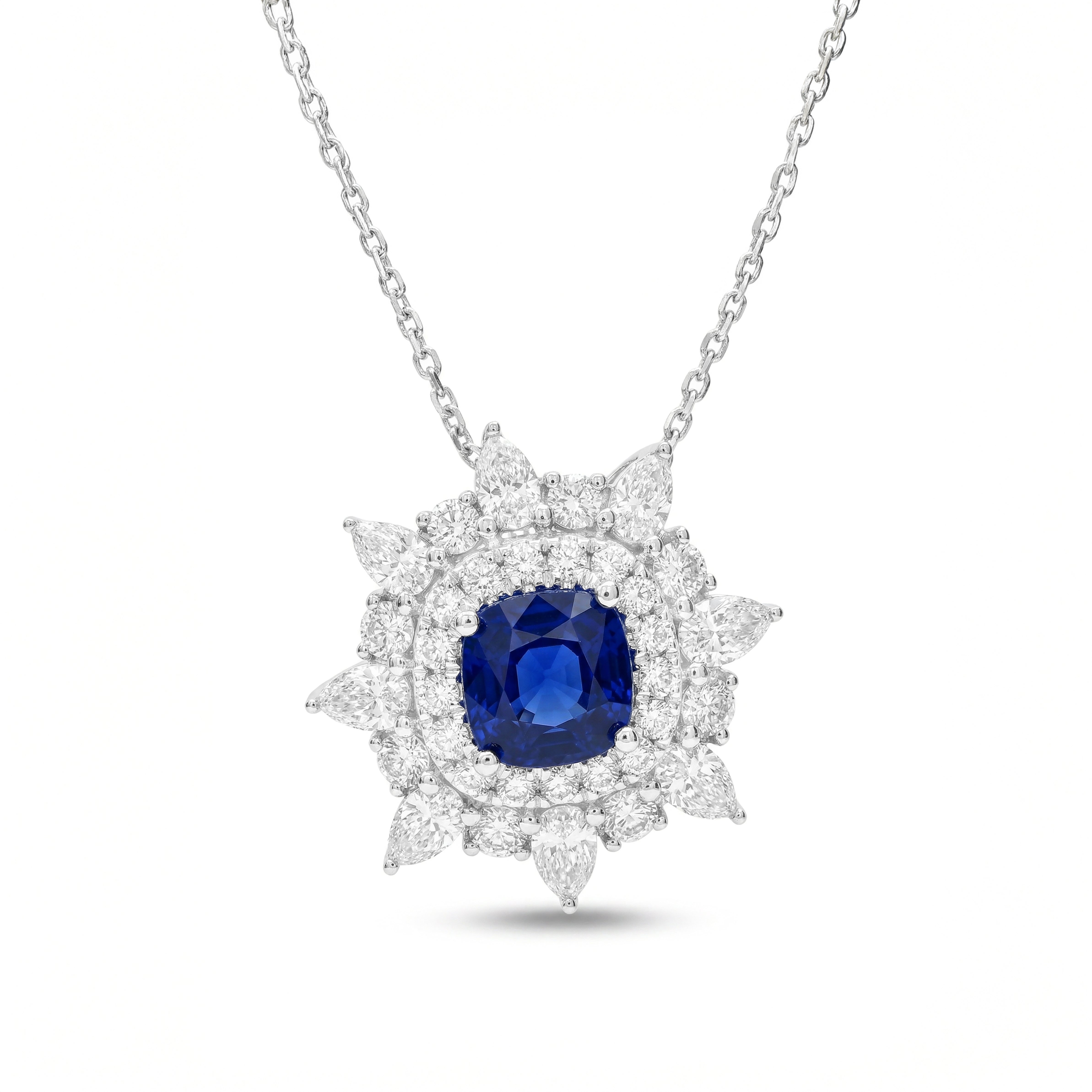 Natural Cushion Sapphire & Diamond Halo Pendant