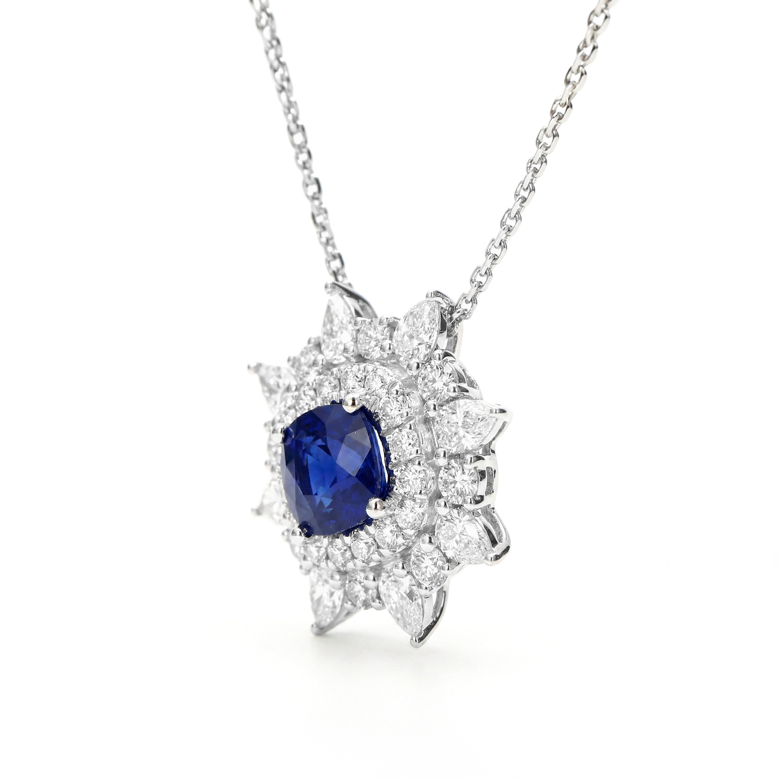 Natural Cushion Sapphire & Diamond Halo Pendant