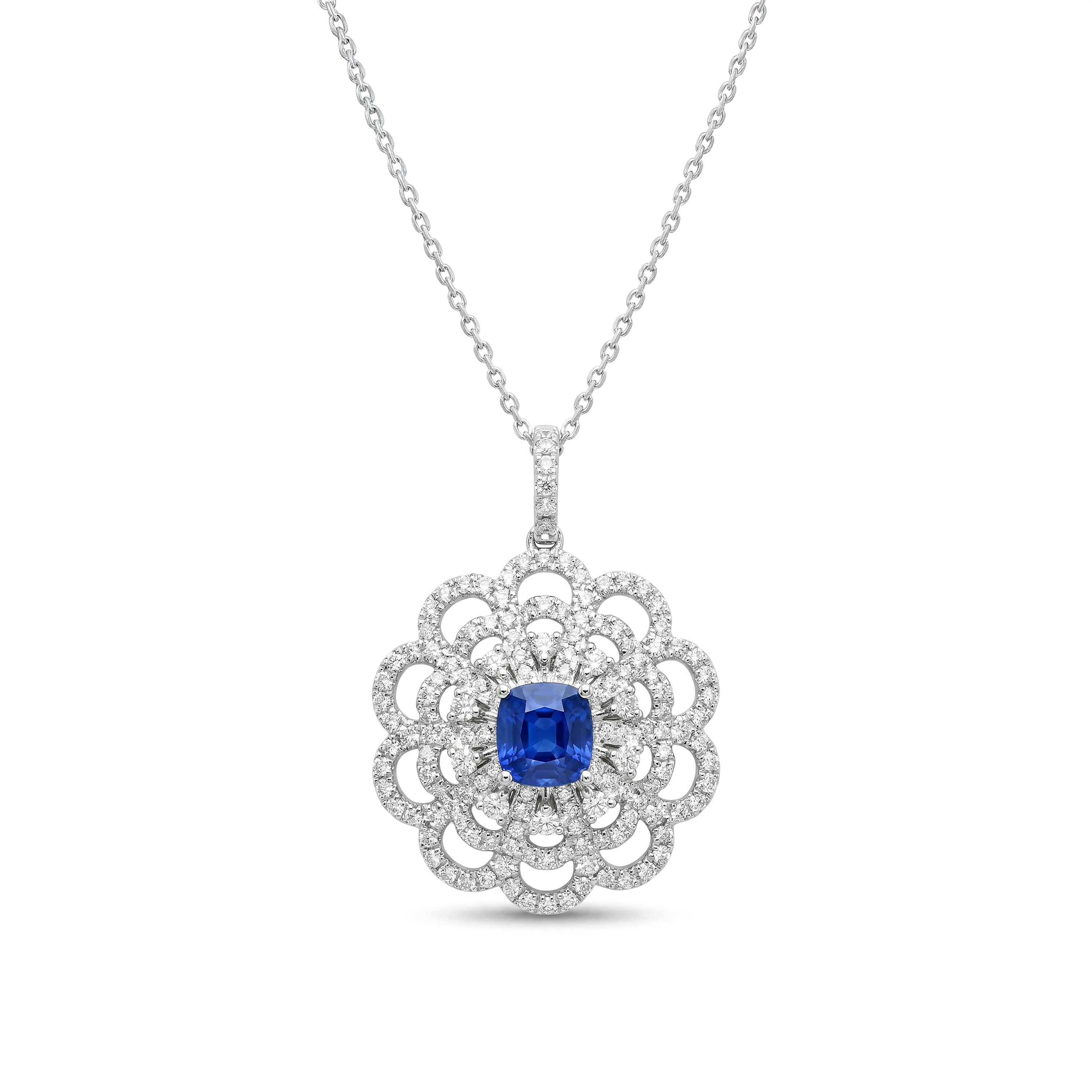 Natural Cushion Sapphire & Diamond Floral Pendant