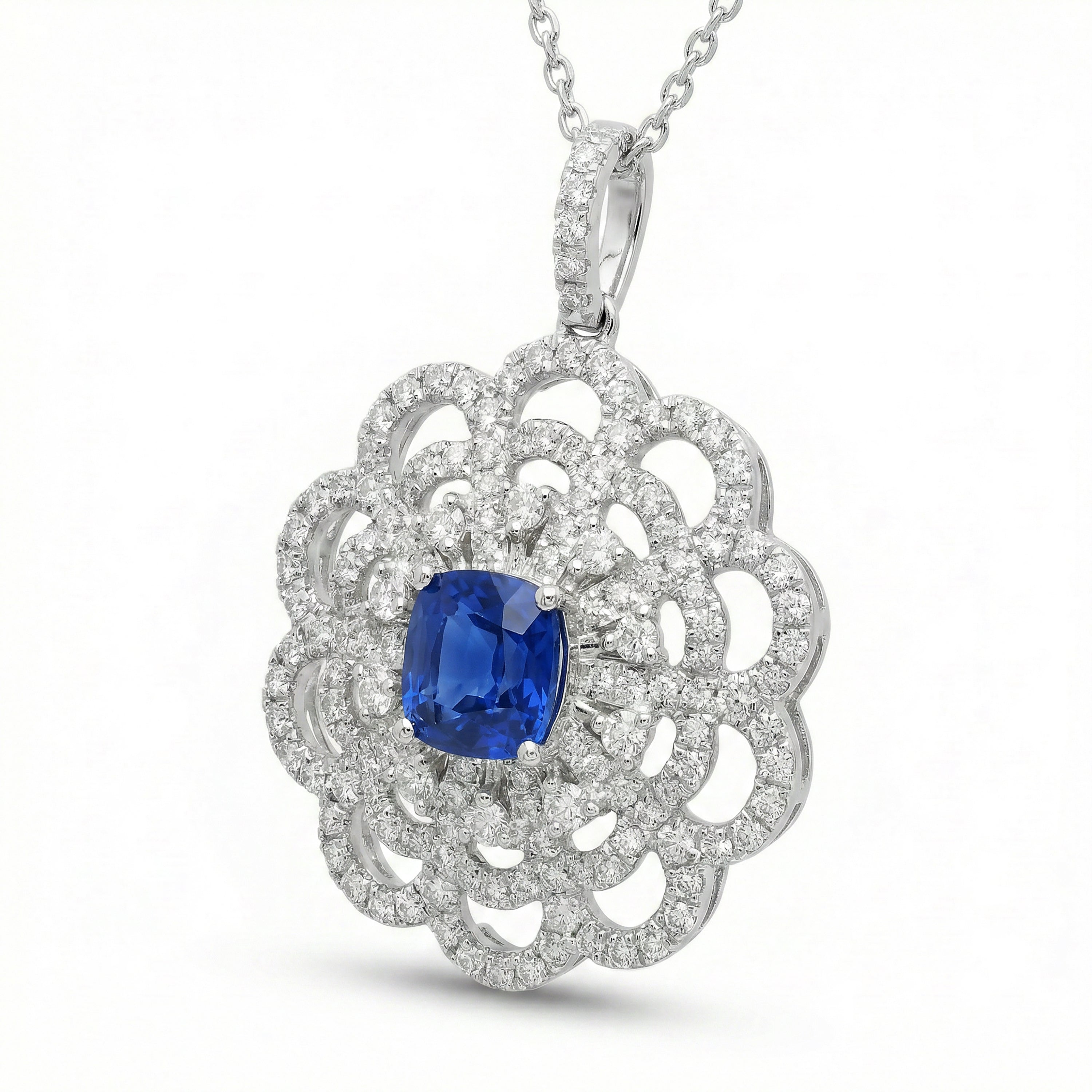 Natural Cushion Sapphire & Diamond Floral Pendant