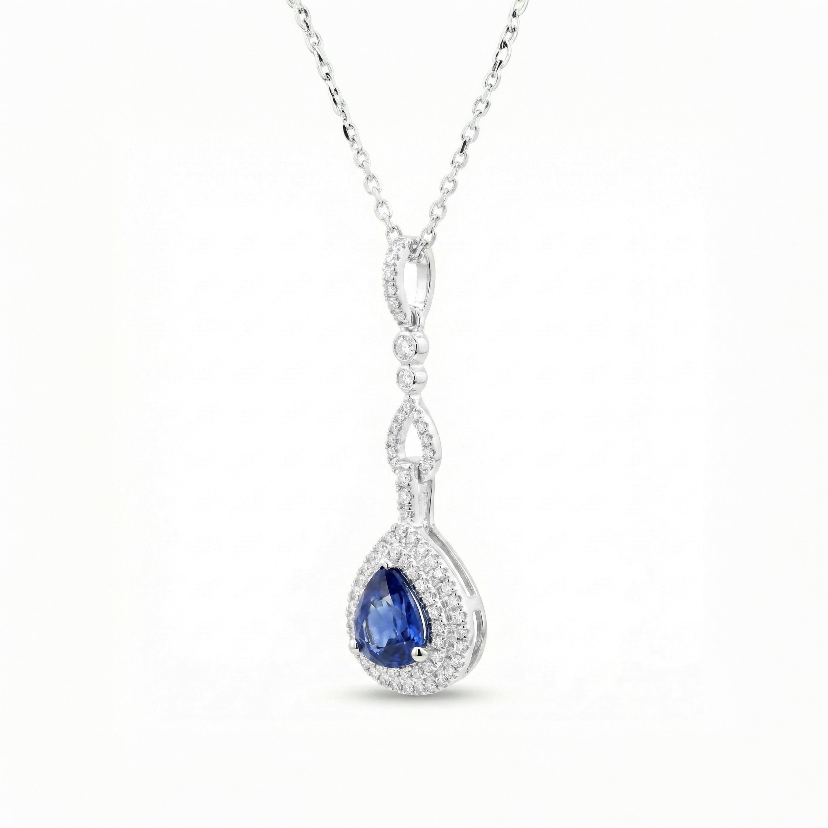 Natural Pear Sapphire & Diamond Halo Drop Pendant