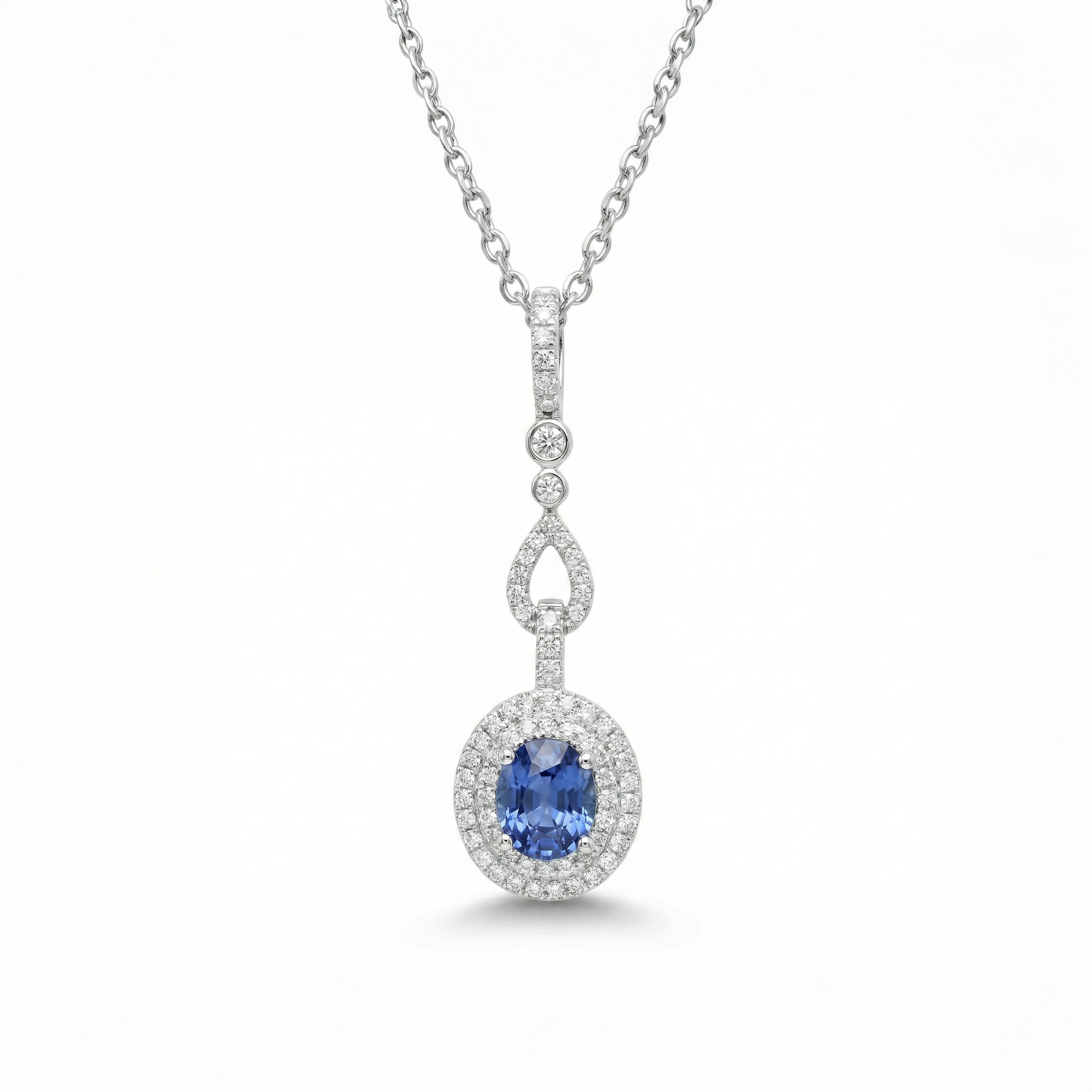 Natural Oval Sapphire & Diamond Halo Drop Pendant
