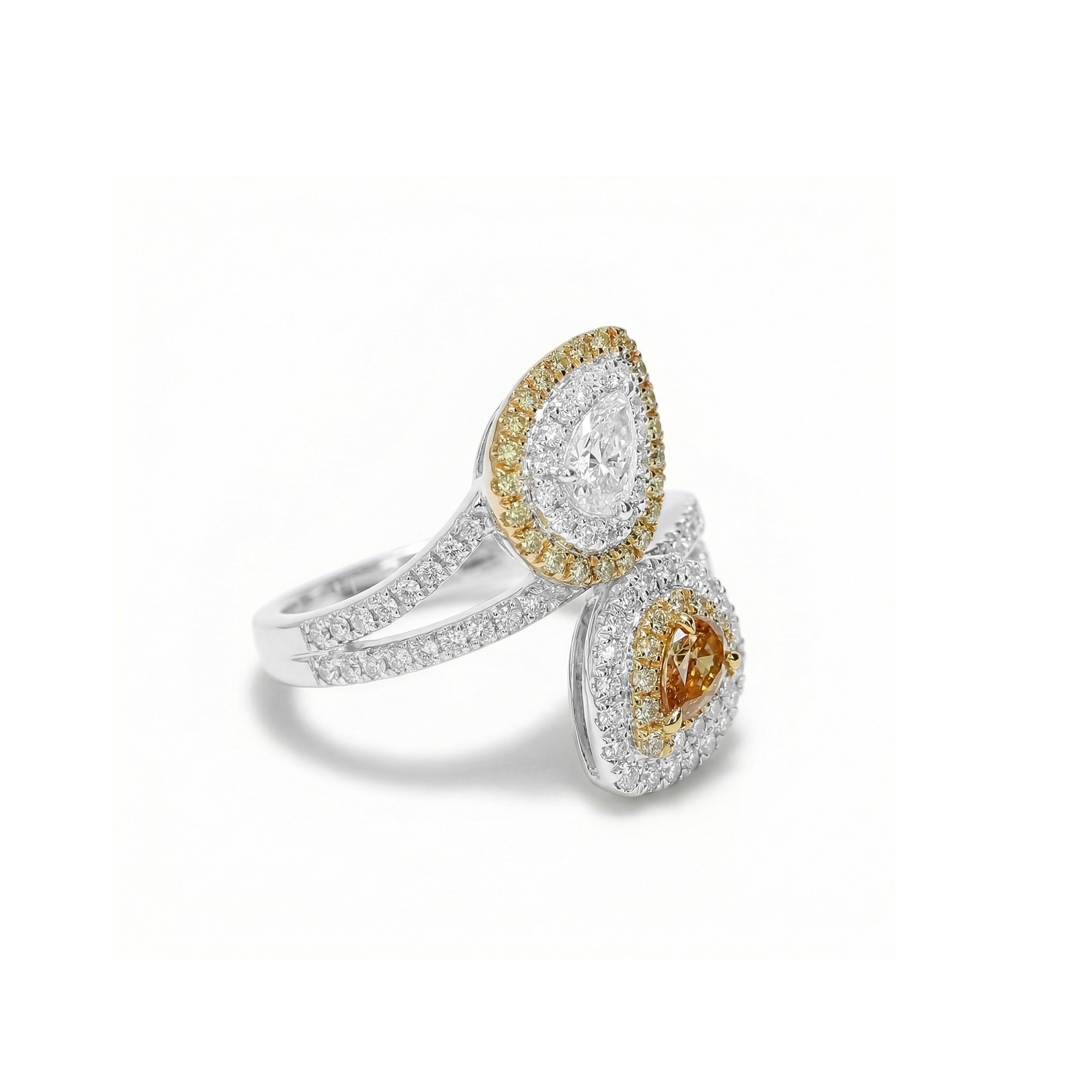 Natural Orange & White Pear Diamond Crossover Ring | GIA Certified