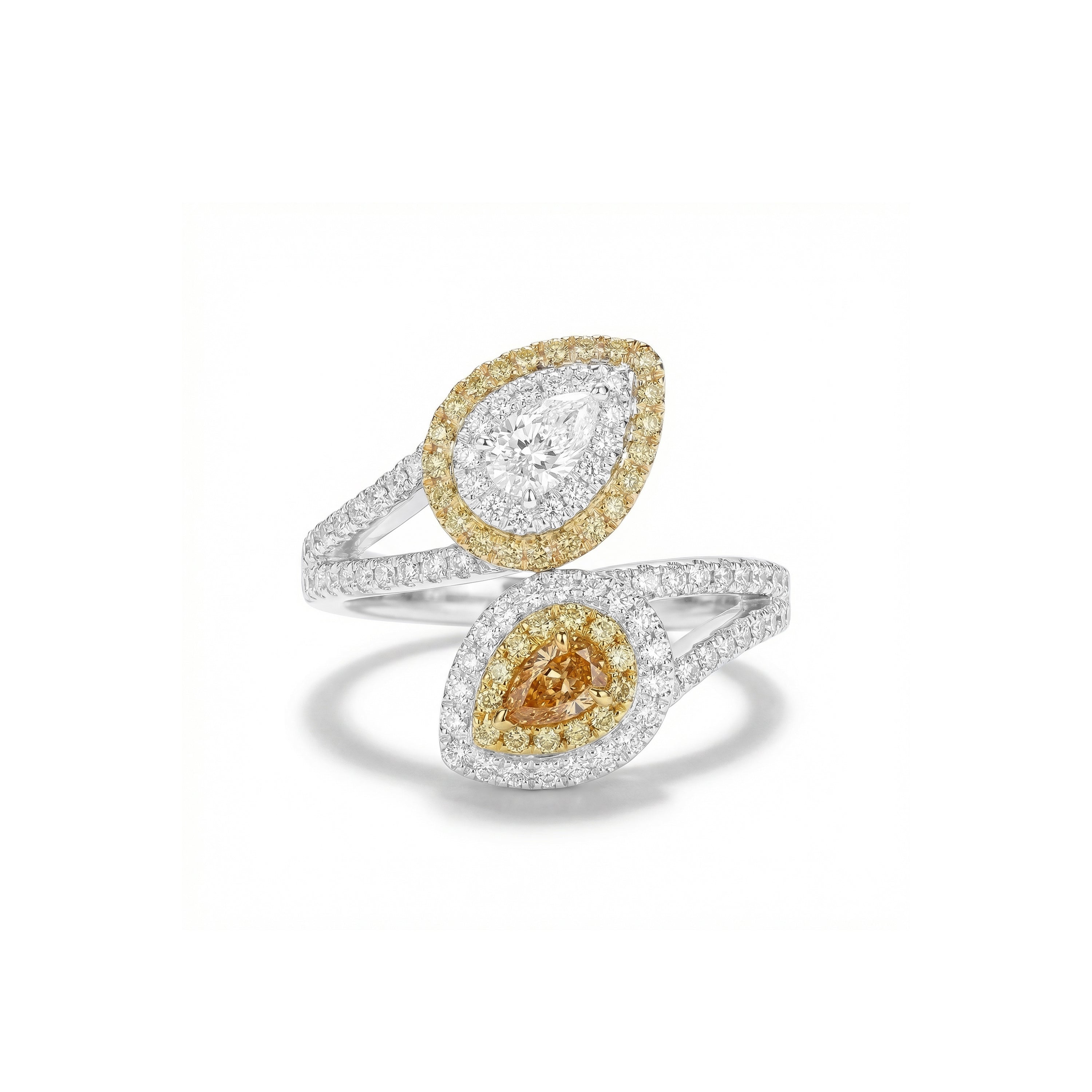 Natural Orange & White Pear Diamond Crossover Ring | GIA Certified