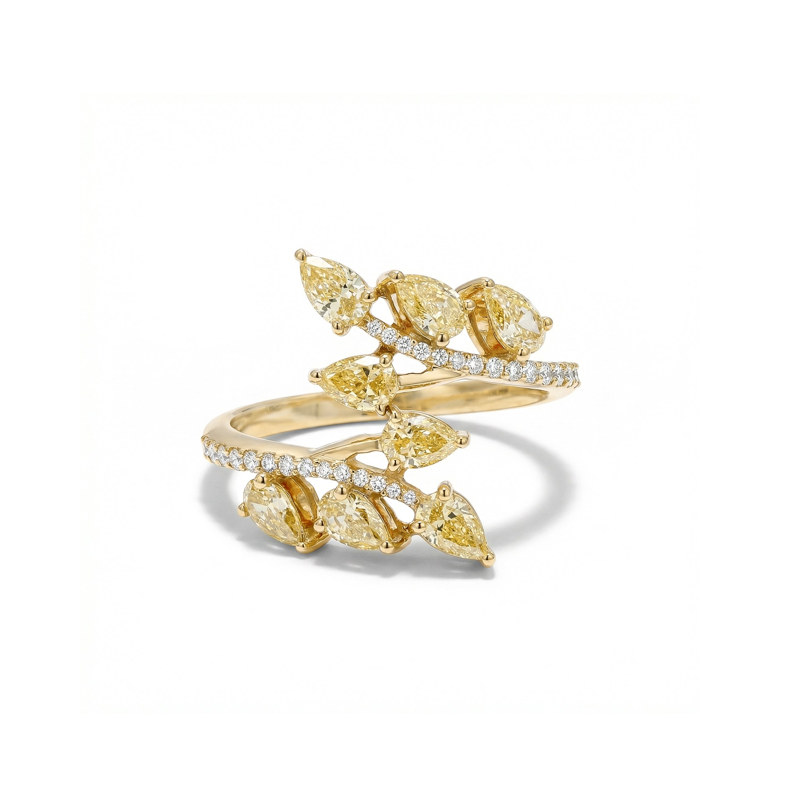 Natural Yellow Pear Diamond Crossover Leaf Ring