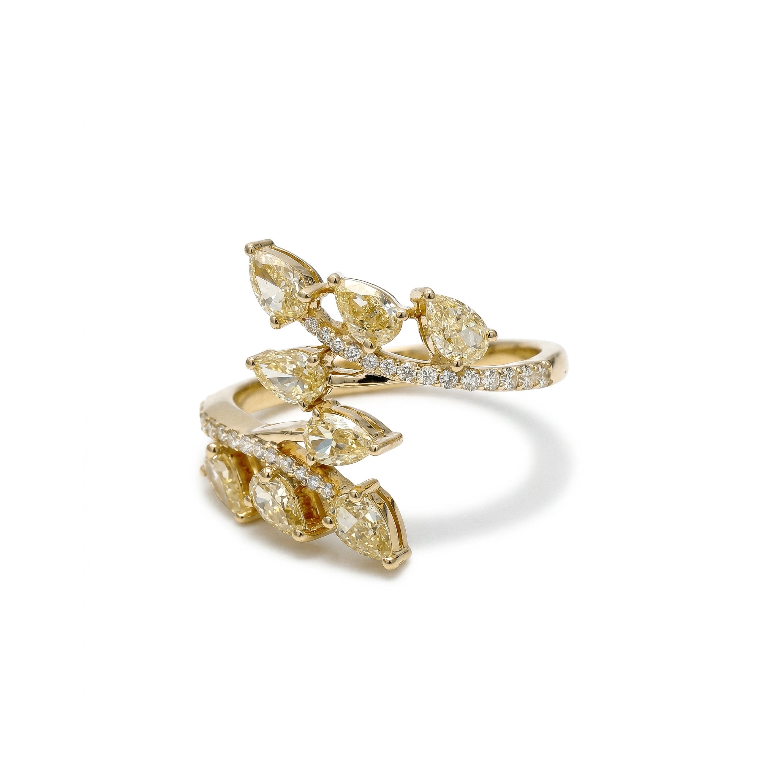 Natural Yellow Pear Diamond Crossover Leaf Ring
