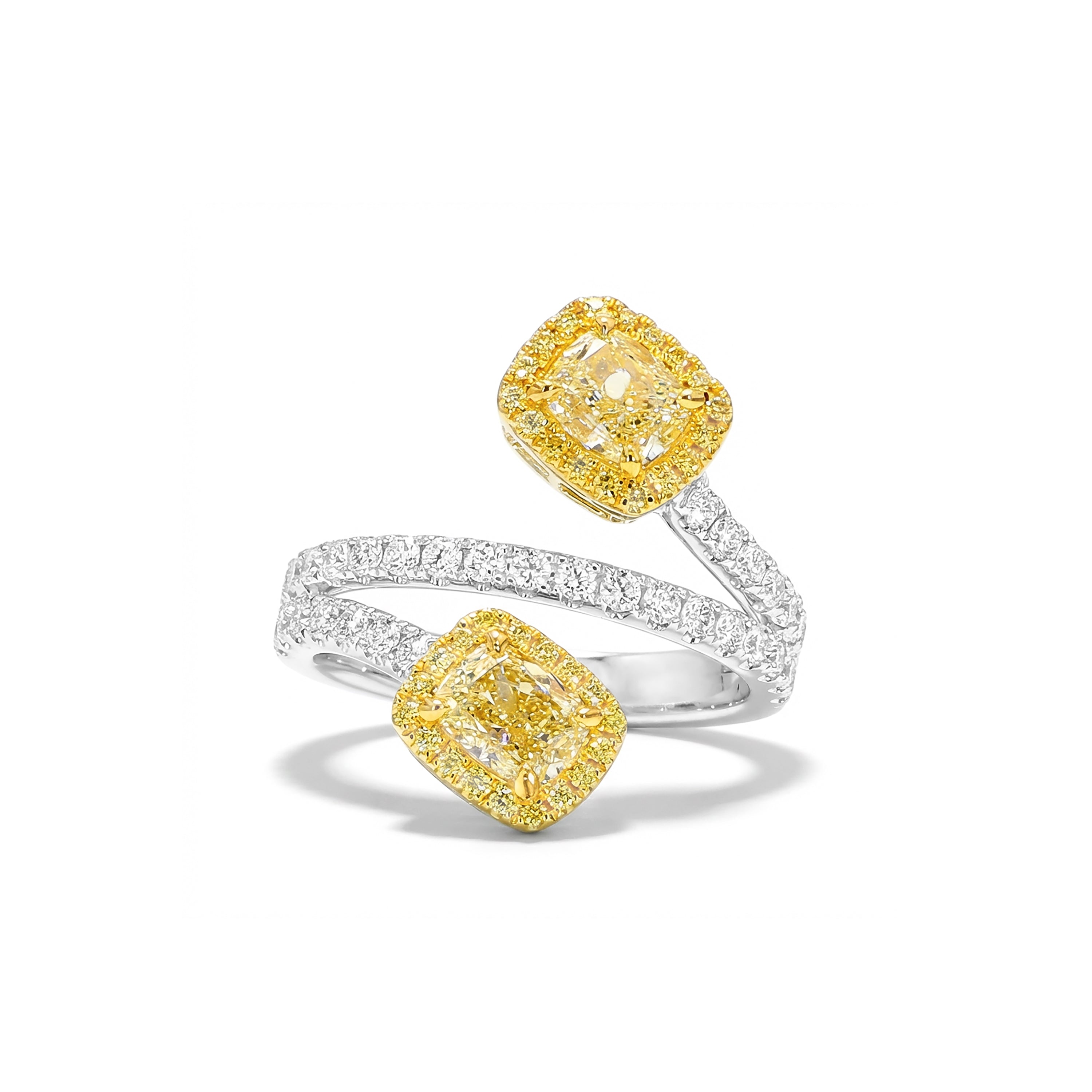 Natural Yellow Cushion Diamond Crossover Ring | GIA Certified