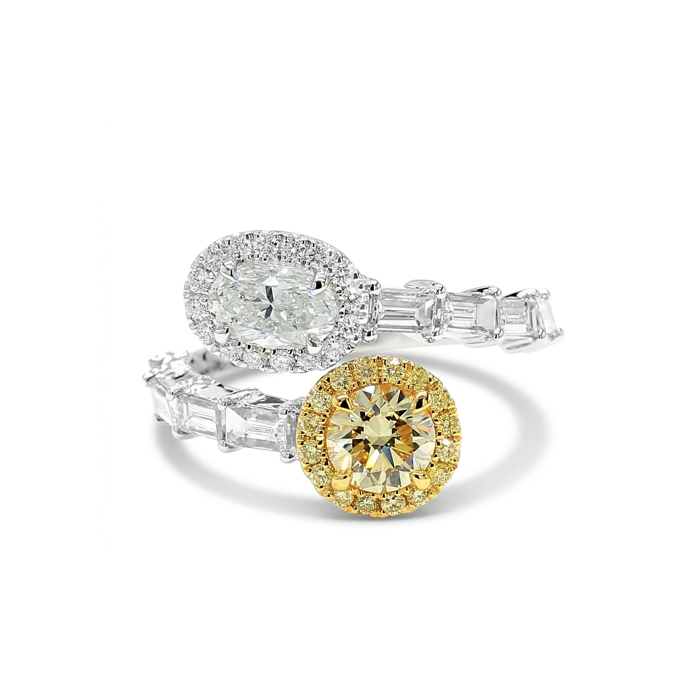 Natural Yellow & White Diamond Crossover Ring | GIA Certified