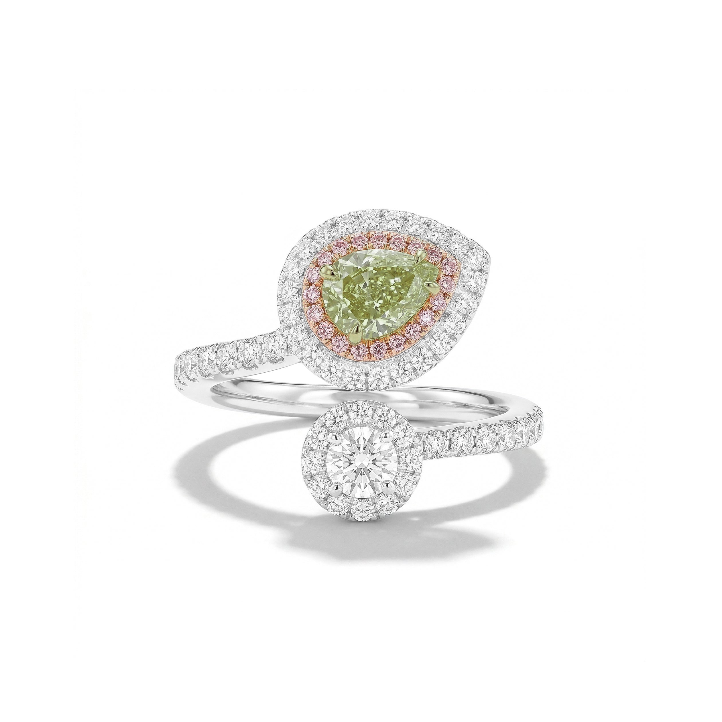 Natural Green Pear Diamond Crossover Halo Ring |GIA Certified