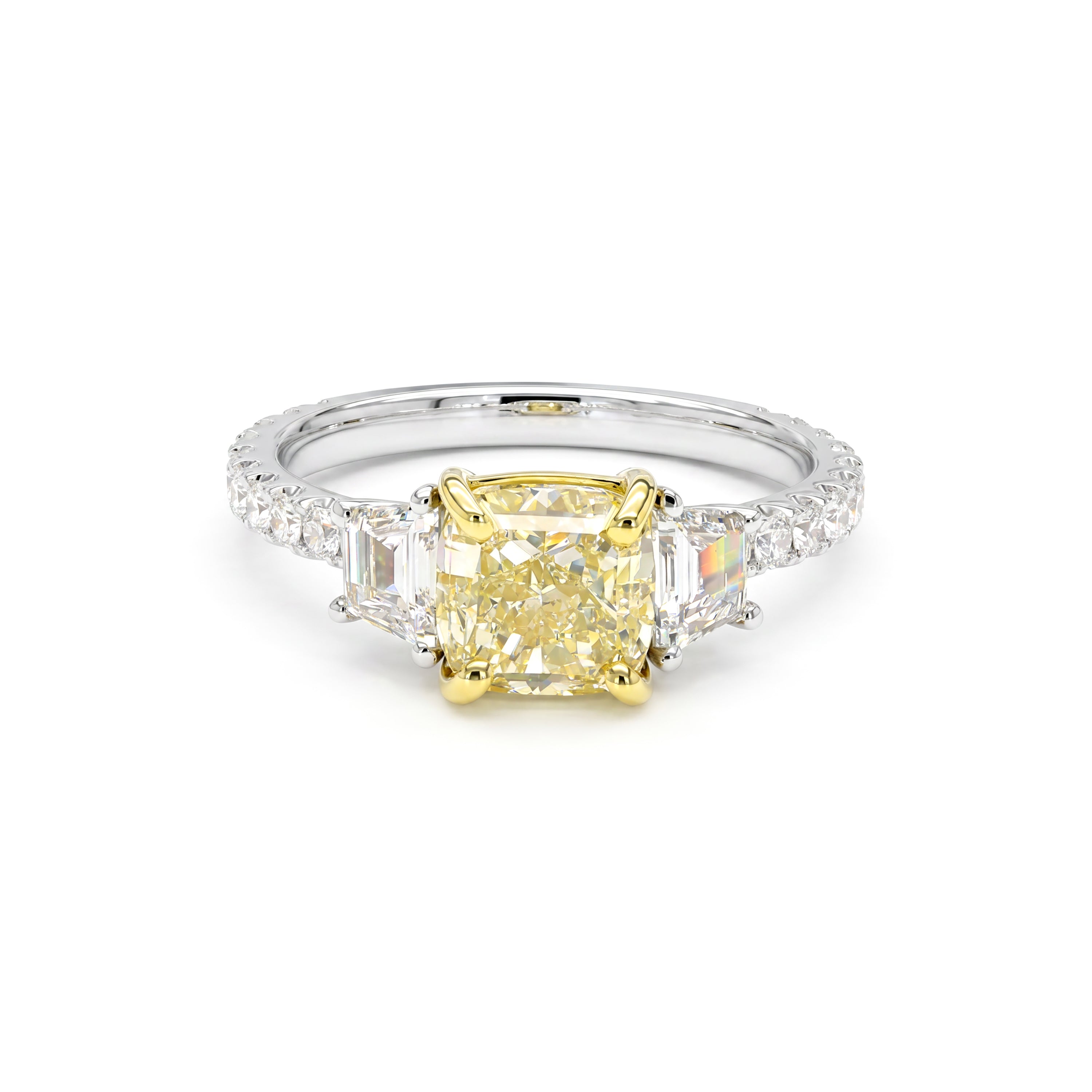 Natural Yellow Cushion Three Stone Diamond Ring | GIA CERTIFIED