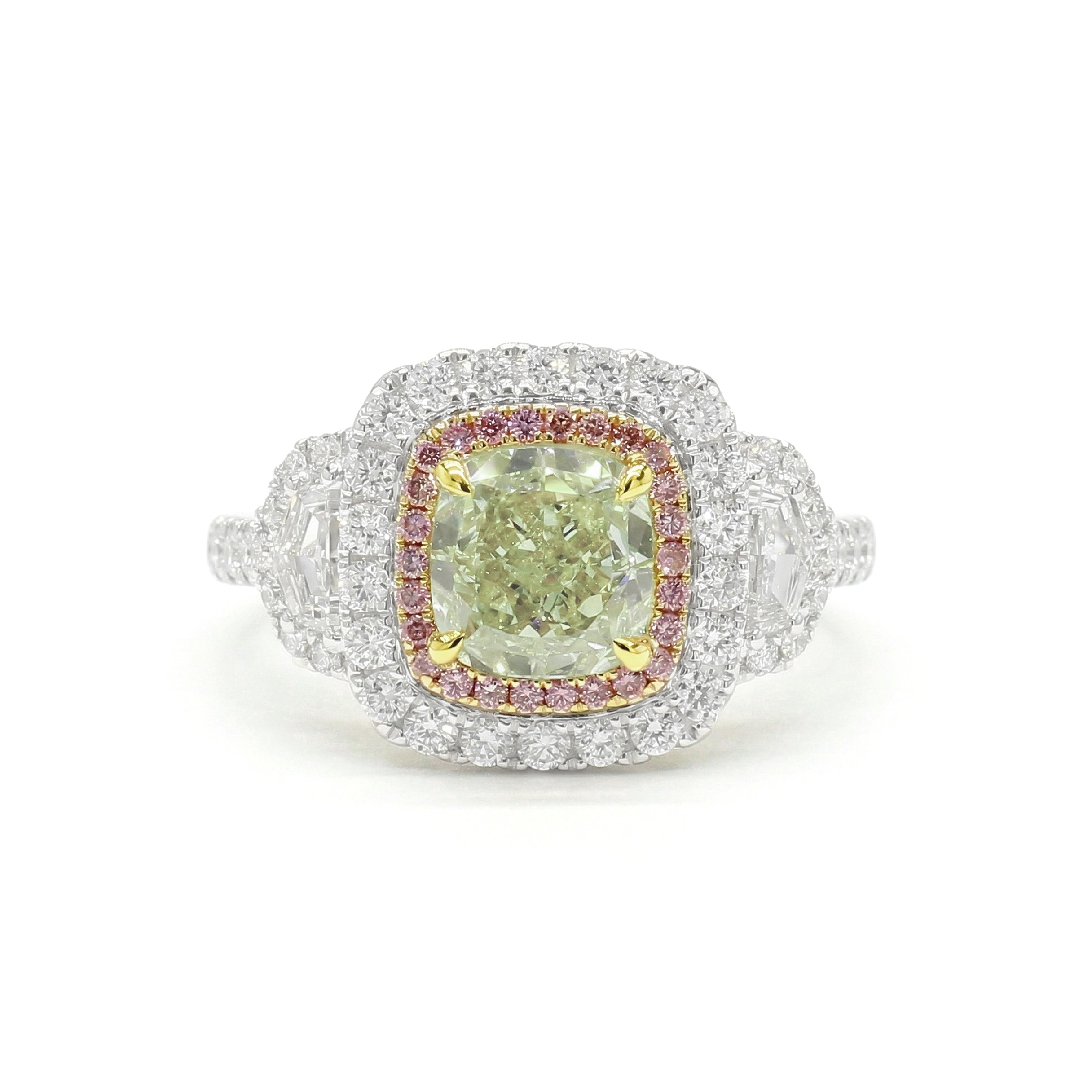 Natural Green Cushion Diamond Halo Ring | GIA Certified
