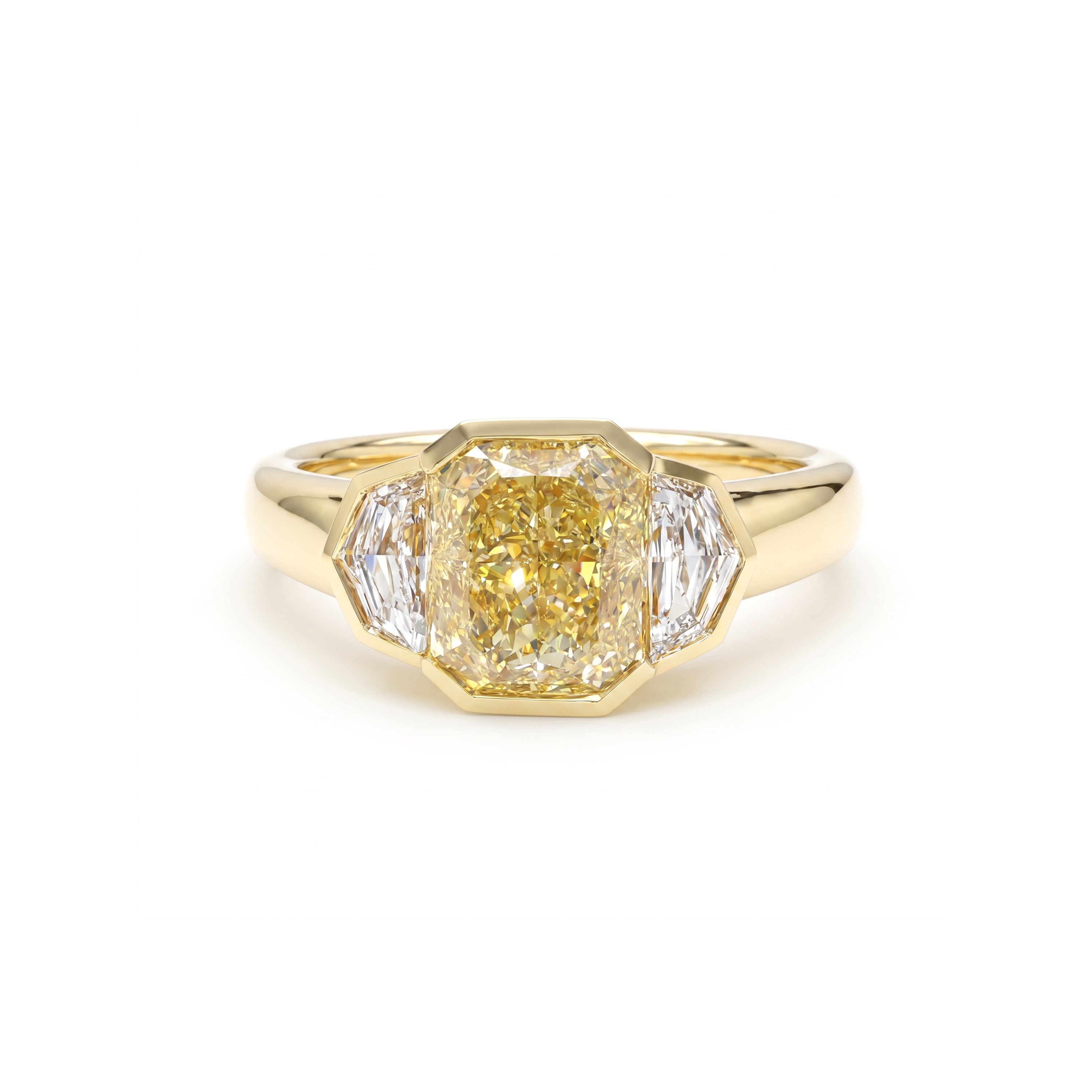 Natural Yellow Radiant Diamond Three Stone Bezel Ring | GIA Certified