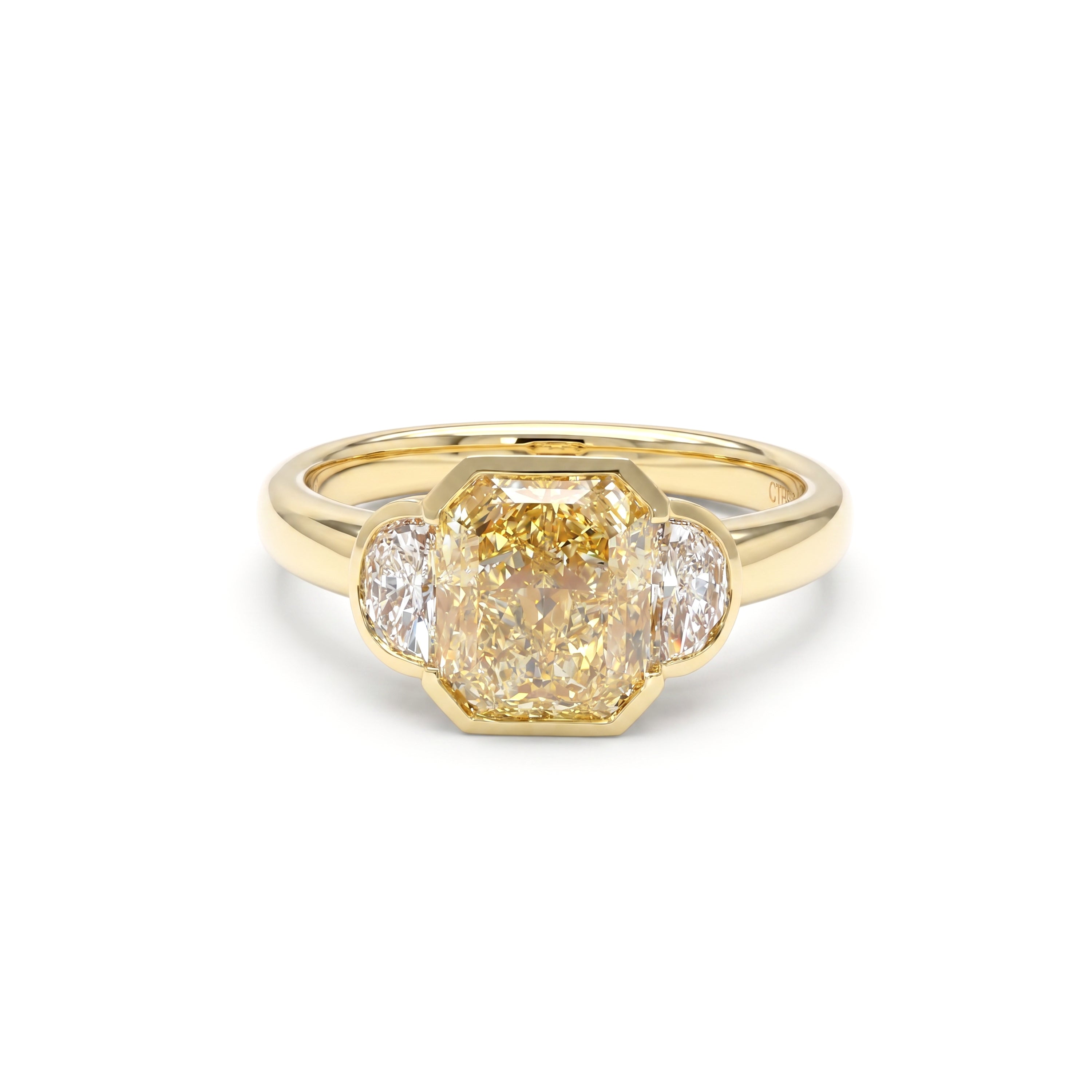 Natural Yellow Radiant Diamond Three Stone Bezel Ring | GIA Certified