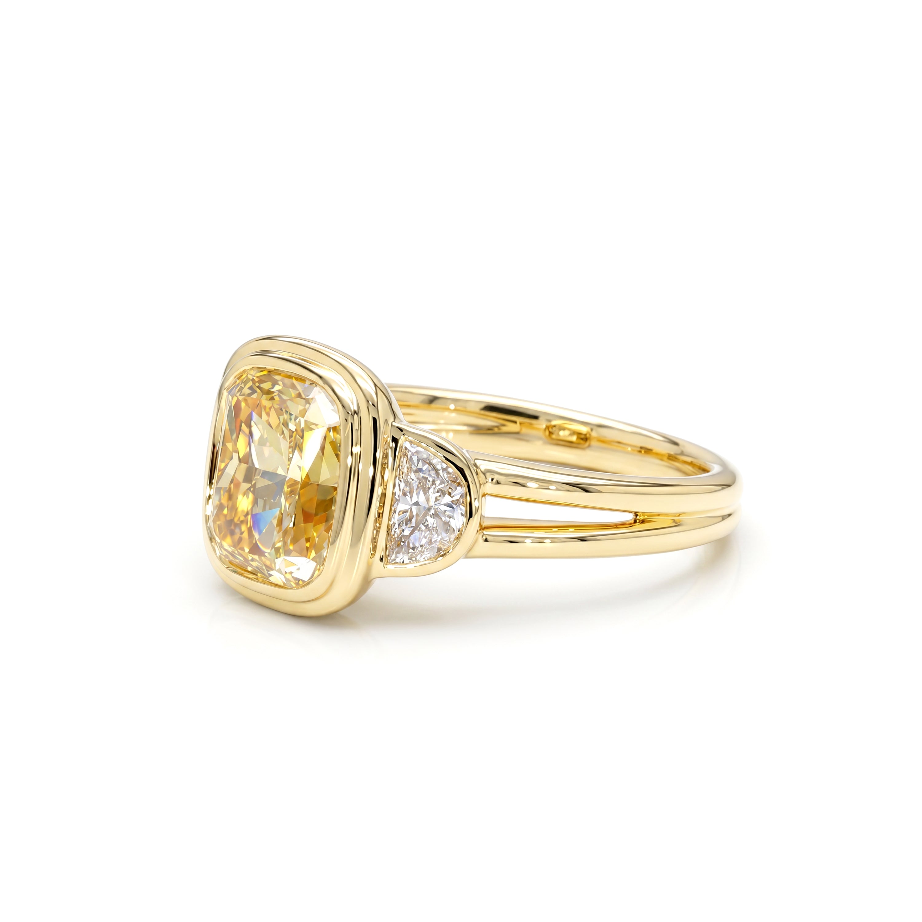 Natural Yellow Cushion Diamond Three Stone Bezel Ring | GIA Certified