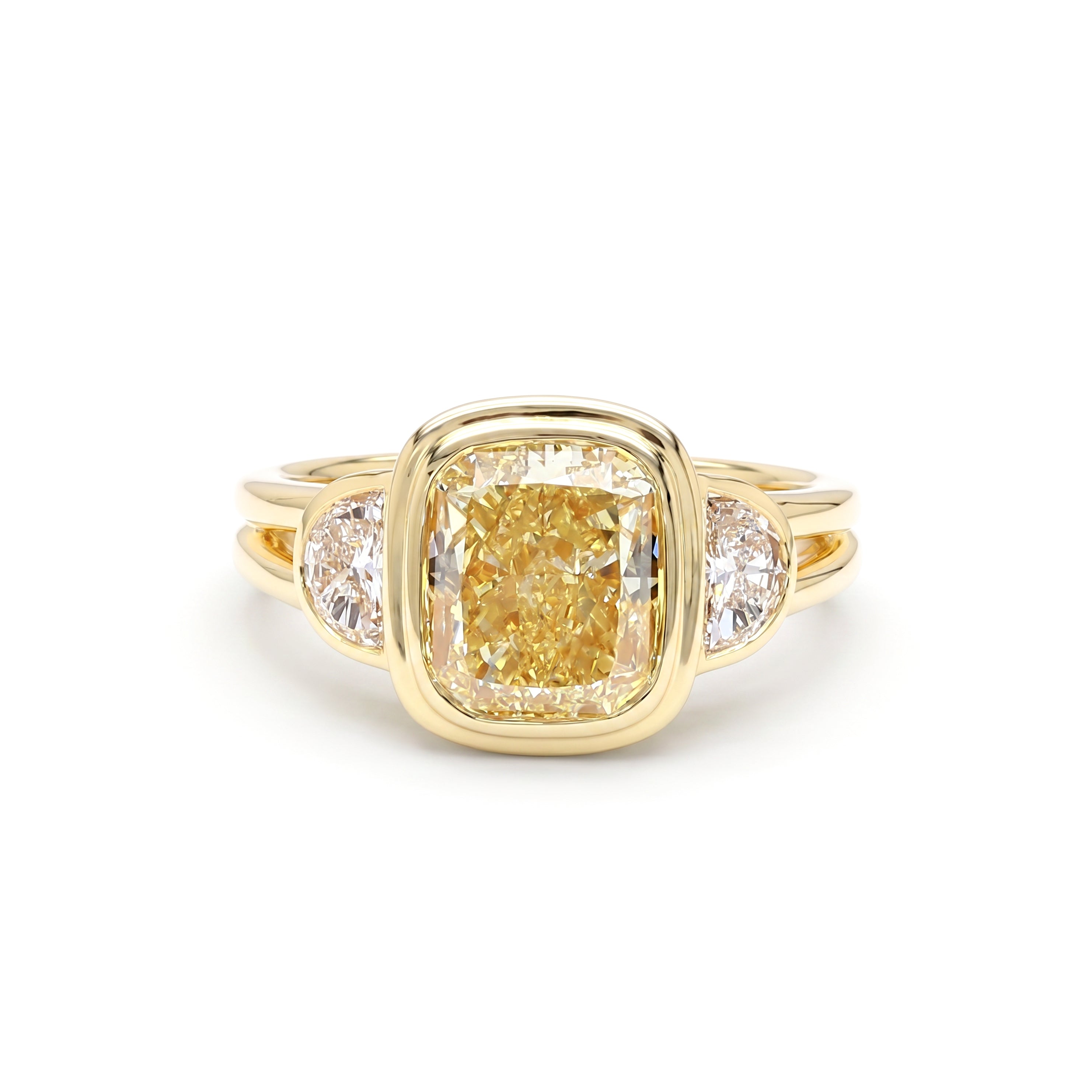 Natural Yellow Cushion Diamond Three Stone Bezel Ring | GIA Certified