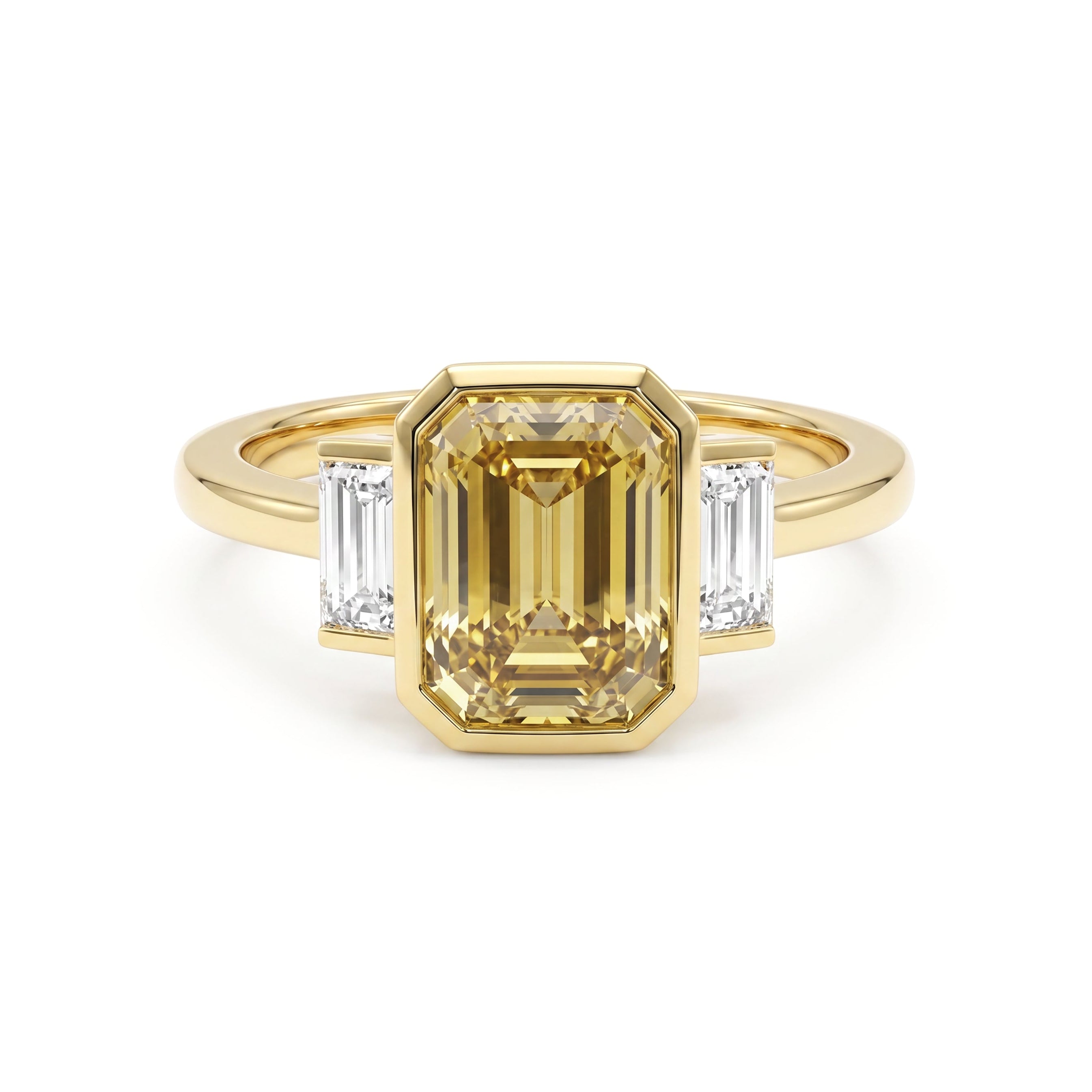 Natural Yellow Emerald Cut Diamond Three Stone Bezel Ring | GIA Certified
