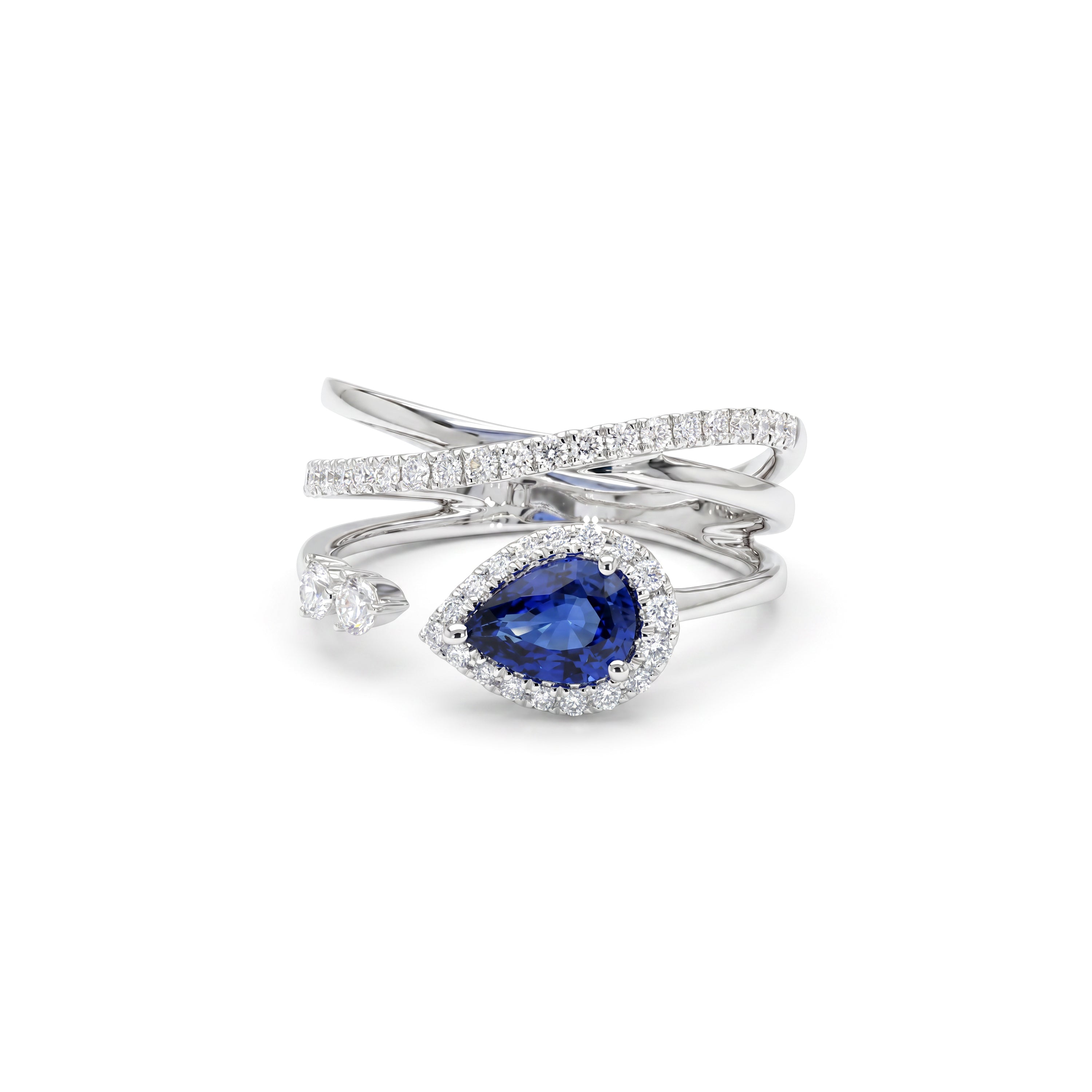 Natural Pear Sapphire & Diamond Crossover Halo Ring